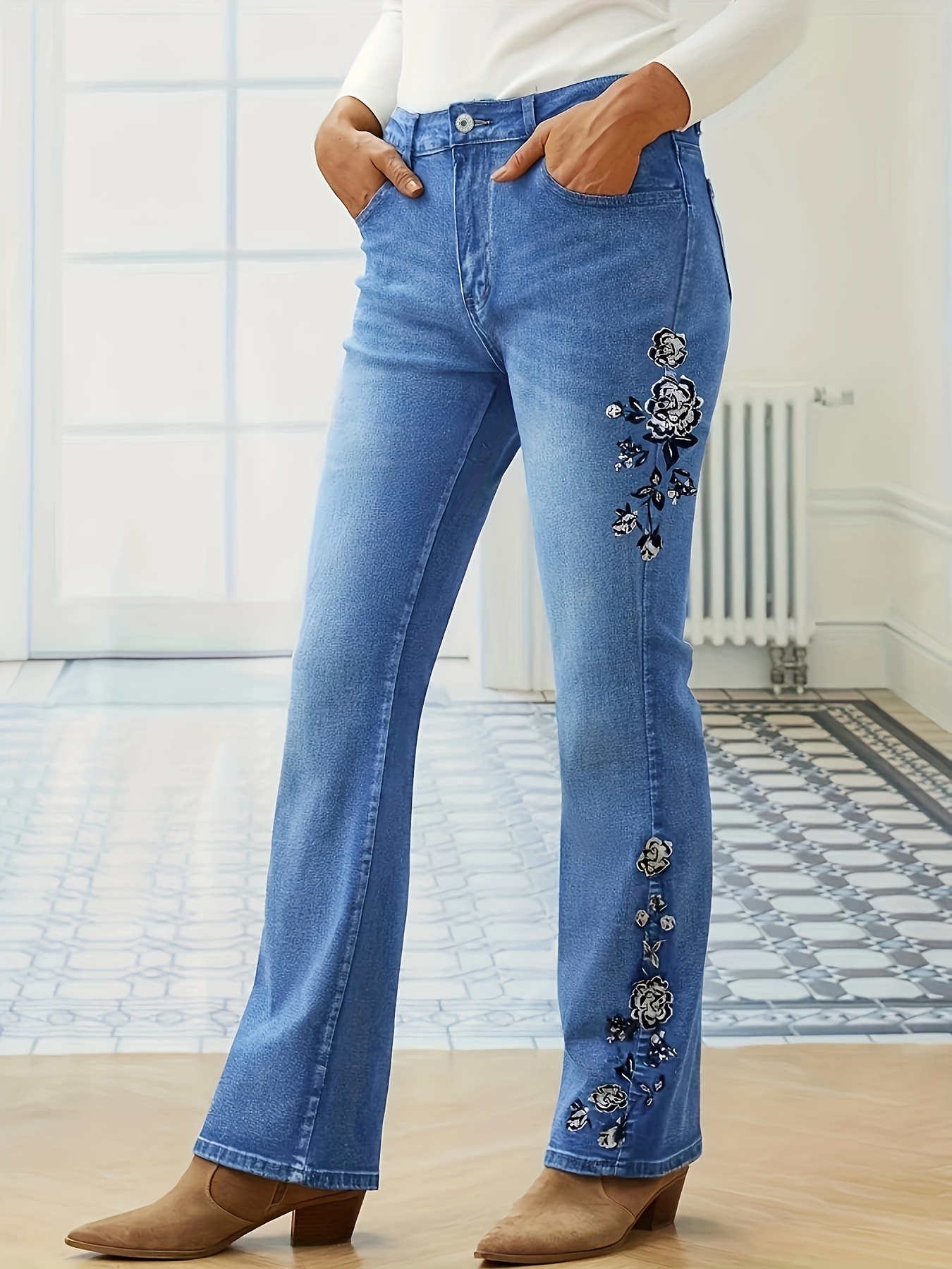 Blue Floral Embroidered Flare Jeans, High Waist Slant Pockets High Stretch  Bell Bottom Jeans, Women's Denim Jeans & Clothing