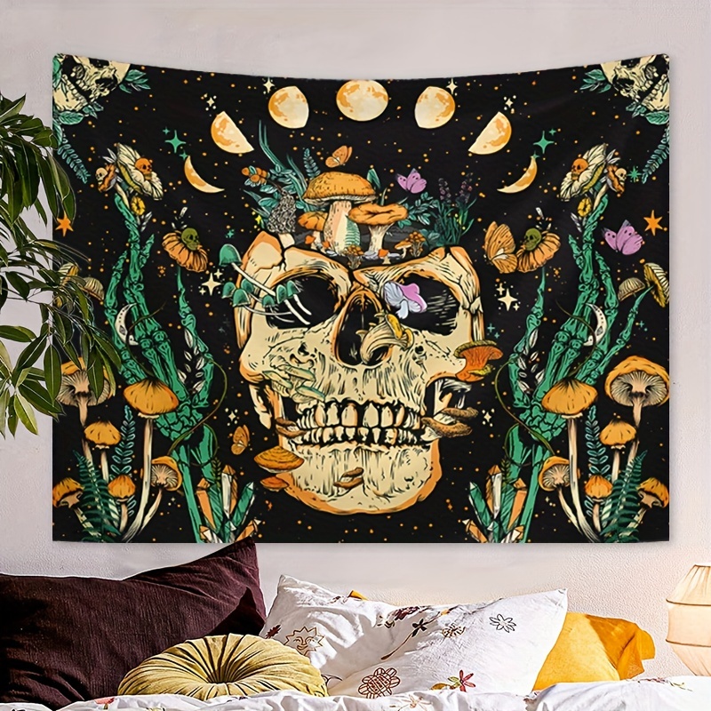 Skull Hippie Mushroom Tapestry Aesthetic Moth Moon Stars - Temu