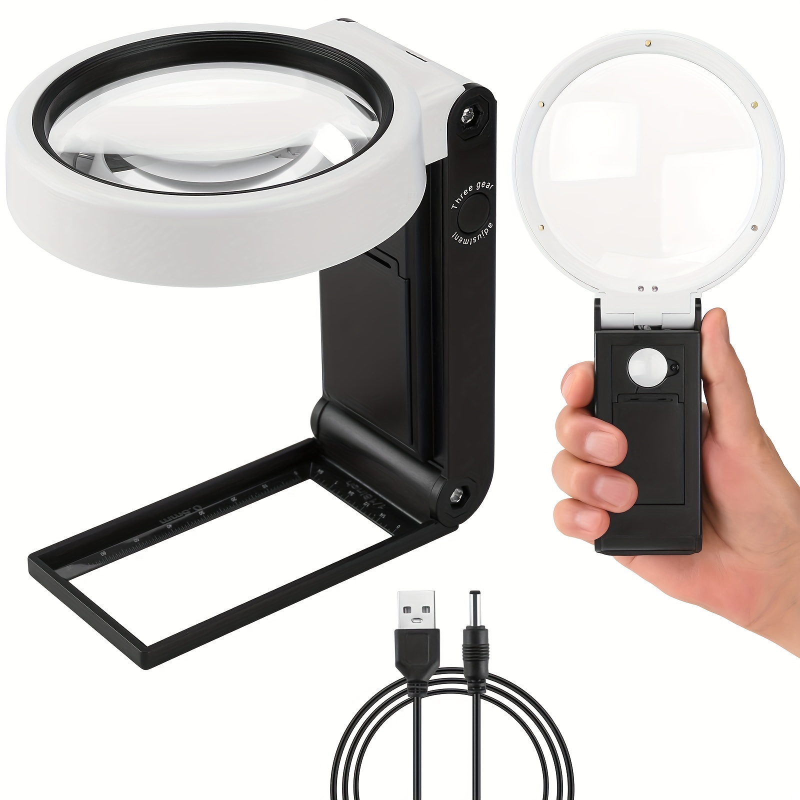 25X 6X Magnifying Glass With Light and Stand Folding Design LED Illuminated Magnifying Glass For Close Work Handheld Large Magnifying Glasses For Reading Powered By Battery Or USB