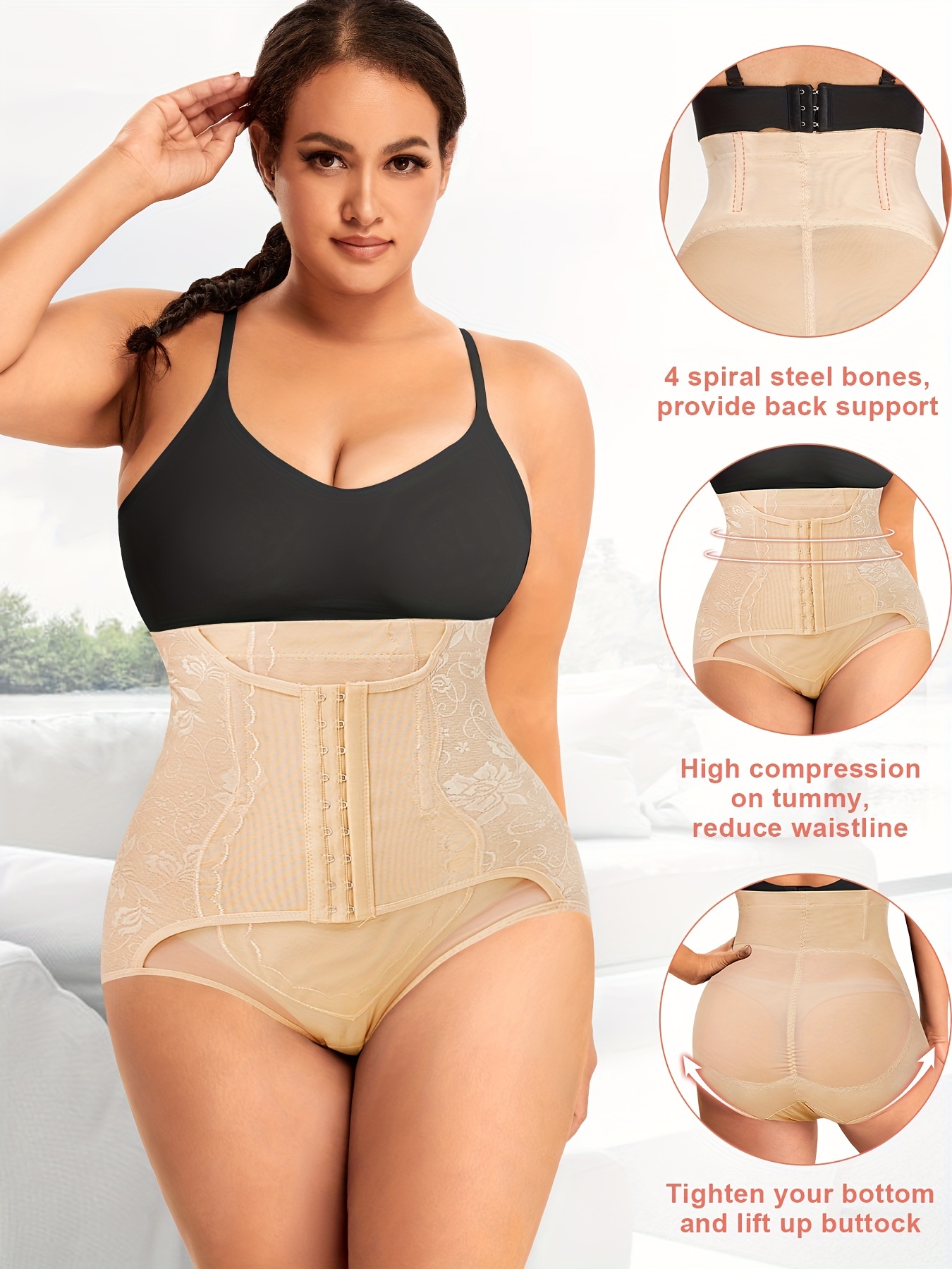 Plus Size Casual Shapewear Underwear, Women's Plus Plain Semi Sheer Tummy  Control Invisible Shapewear