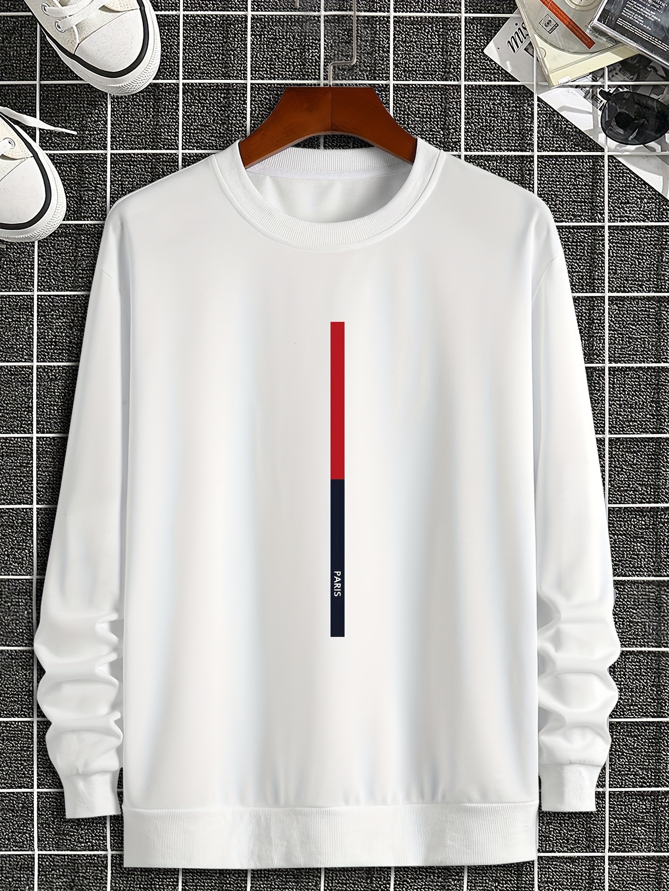 White sweatshirt with red and hot sale blue stripe