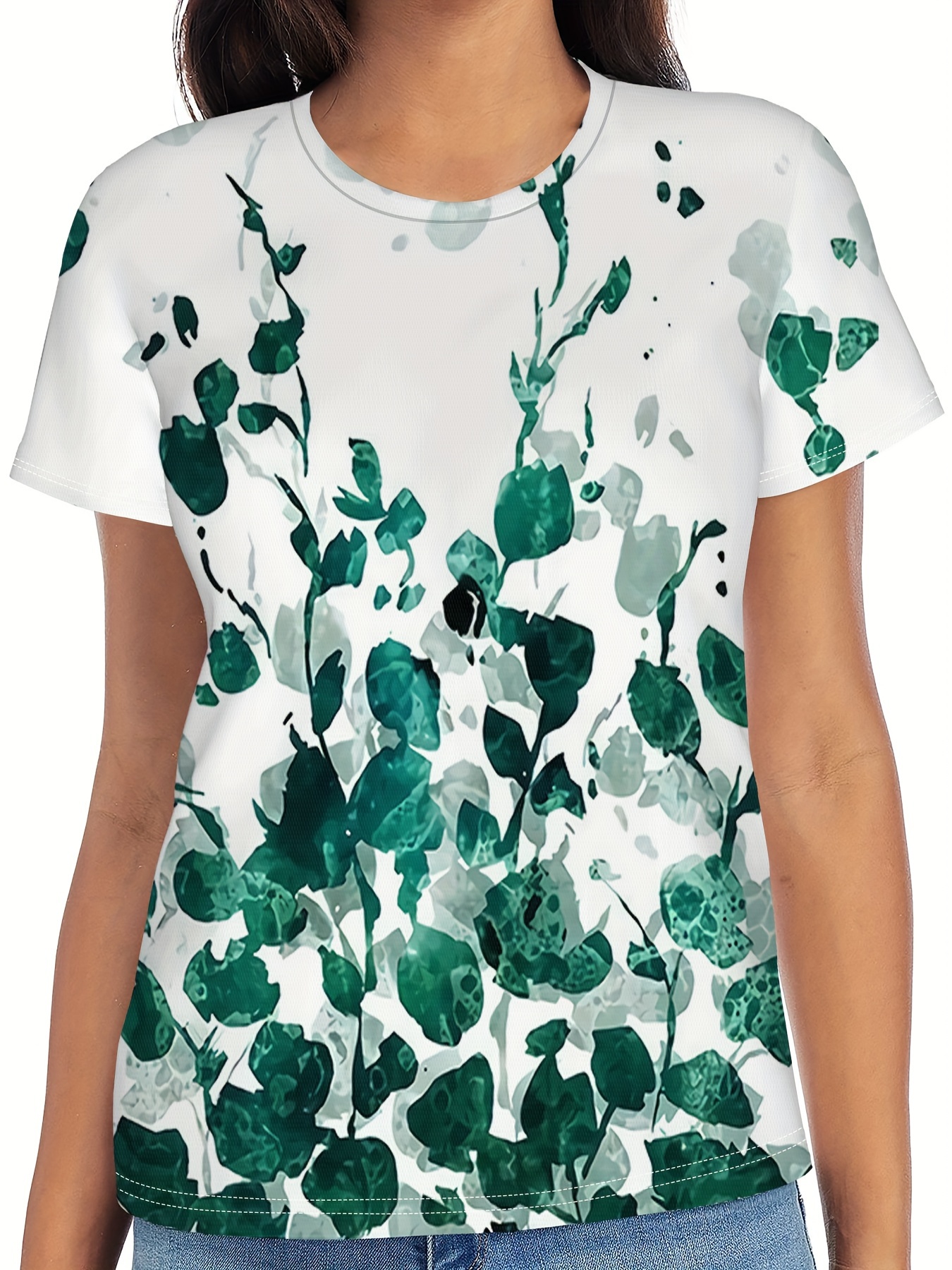 Camiseta mujer manga corta estampado en verdes en plantas