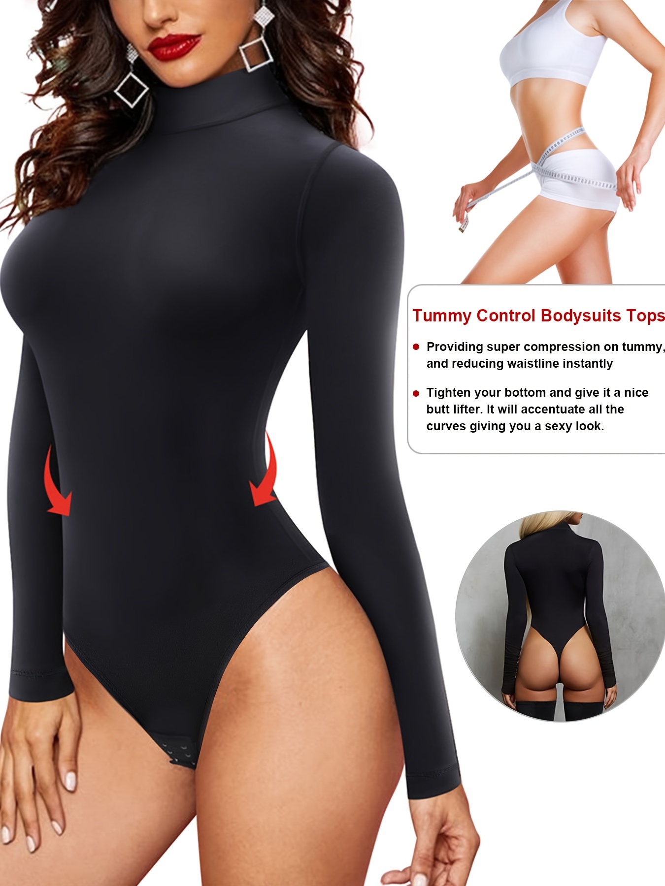 Mock Neck Shaping Bodysuit Long Sleeve Tummy Control - Temu