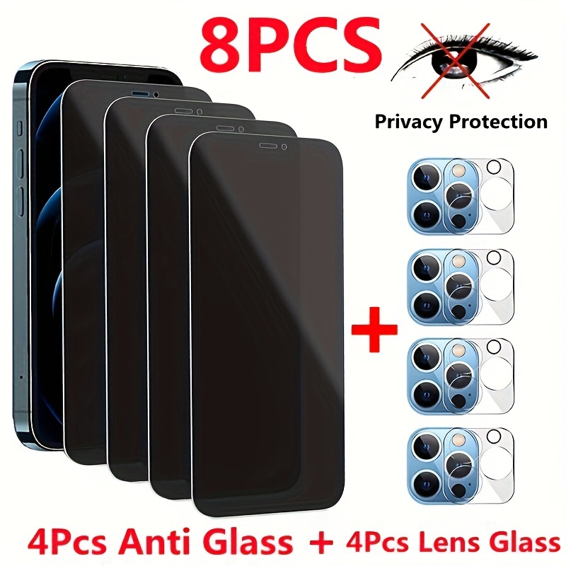 

8pcs Full Coverage Anti-peeping Tempered Glass For 11 12 13 14 15 Pro Max Glass And Full Coverage Camera Lens Glass For 15 14 Pro Max 12 11 Glass Film