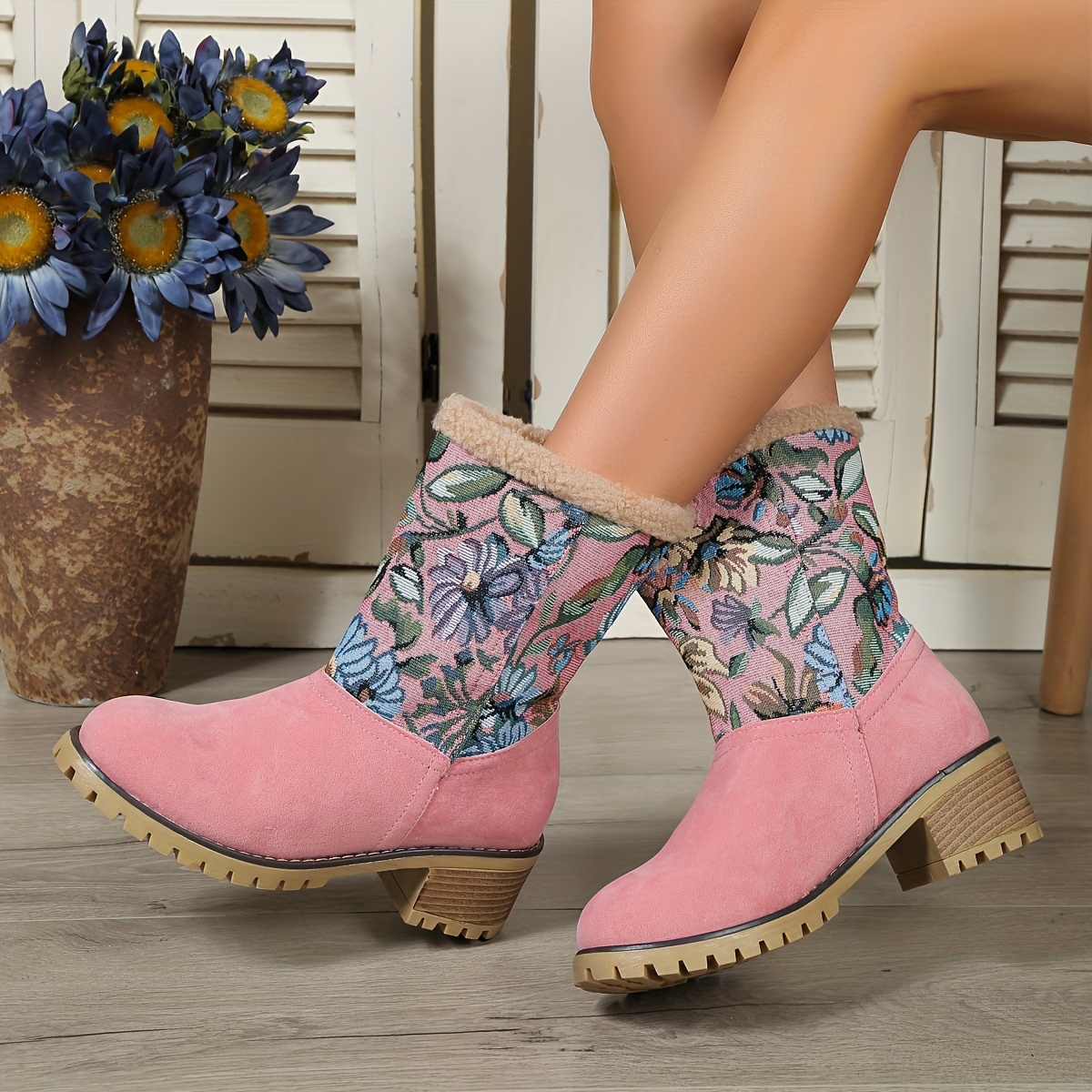 Botas De Tac n Grueso Con Estampado De Flores Para Mujer Temu Mexico