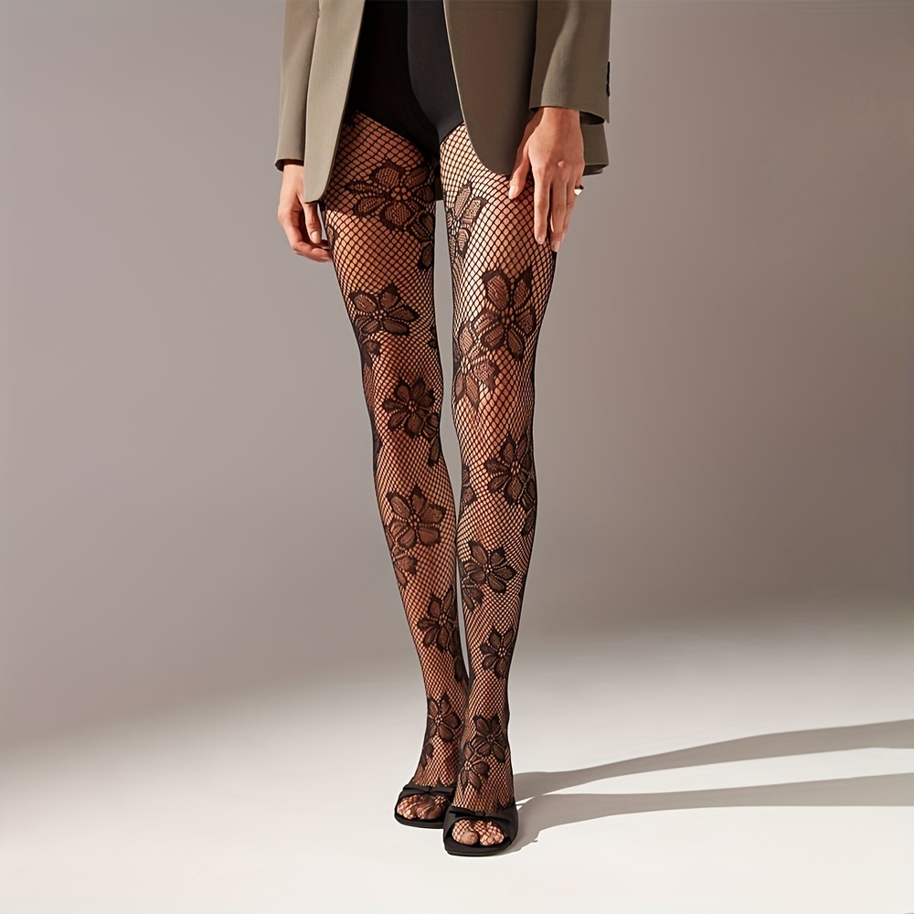 Women's Fishnet Floral Patterned Tights High Waisted - Temu Canada