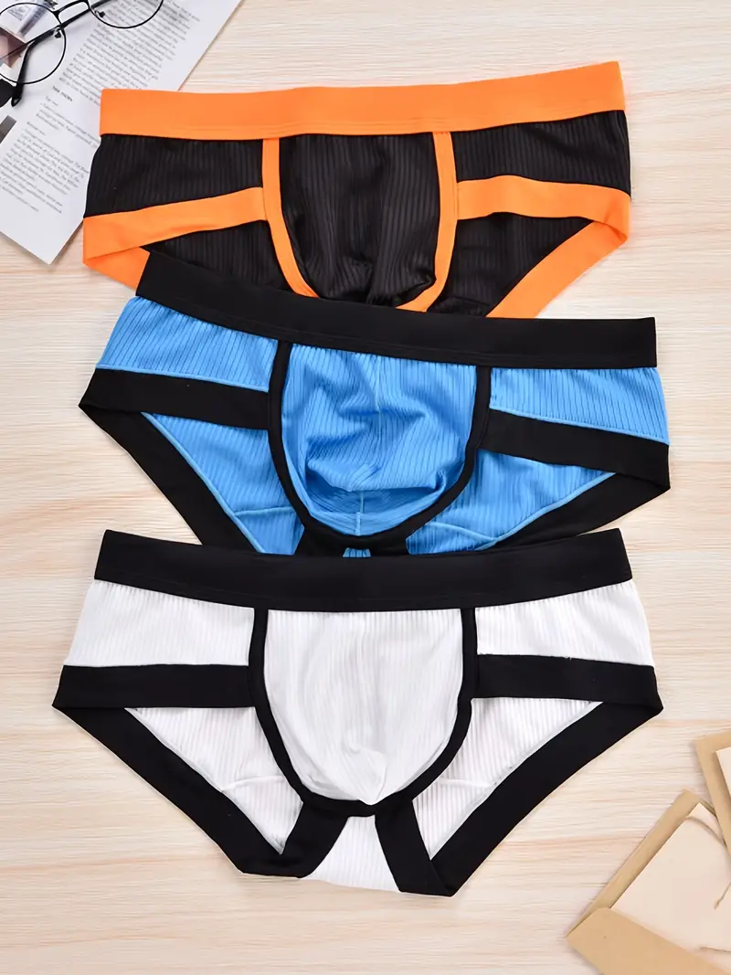 3Pcs Men's Sexy Fashion Trendy Lingerie Panties Briefs, Contrast Color  Comfortable Breathable Thongs Underpants Underwear With Big Separation  Pouch, S