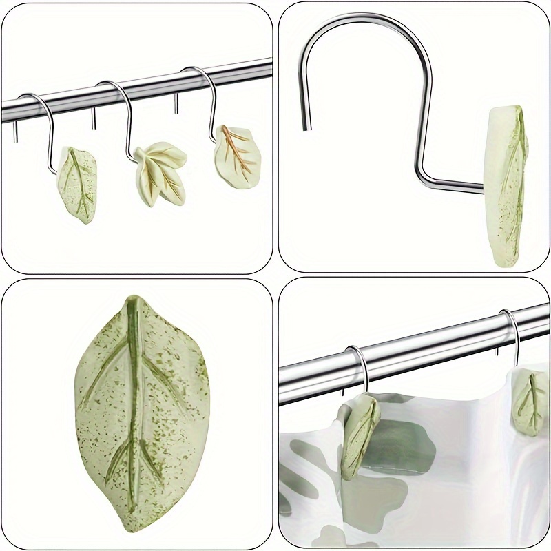 12pcs Resin Green Leaf Shower Curtain Hooks, Decorative Shower Curtain  Hooks, Bathroom Accessories, Bathroom Decor