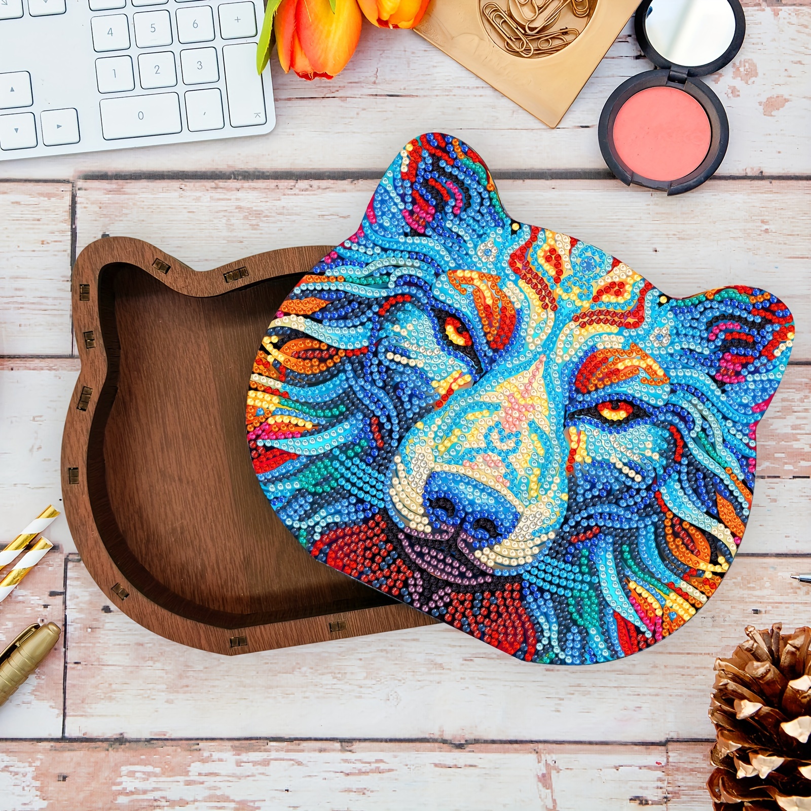 Diamond Painting Diy Hand Blue Wolf Head Pattern Wooden Box Temu