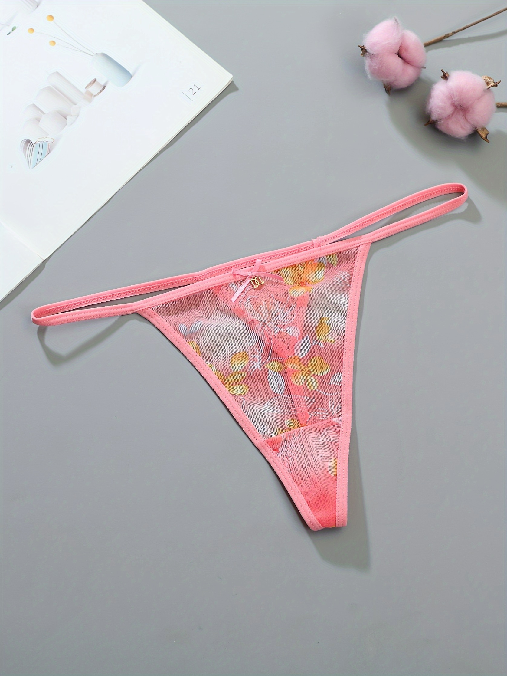 6Pcs Floral Print Mesh Stitching Thongs, Comfy & Breathable Stretchy  Intimates Panties, Women's Lingerie & Underwear