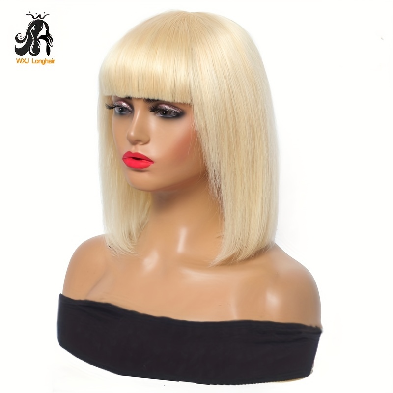 613 Short Bob Human Hair Wig Bangs Full Machine Made - Temu