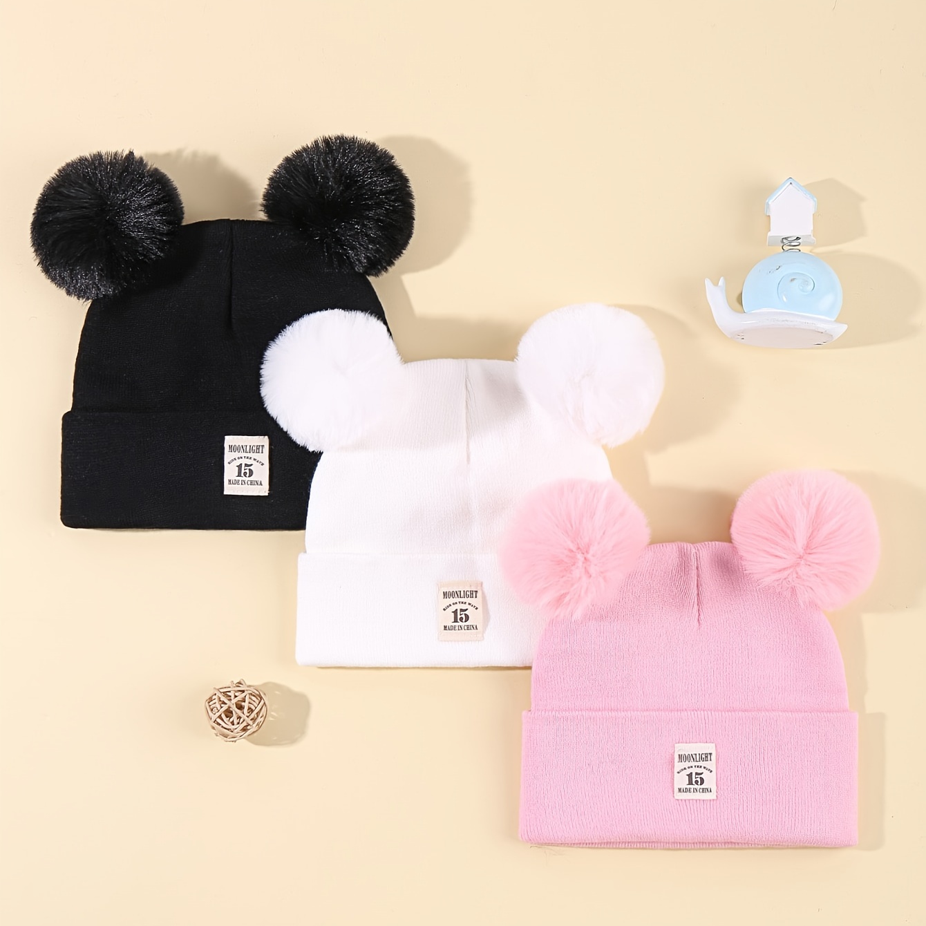 

3pcs Children's Pom Pom Beanie, Knitted Hats For Winter, Kids Winter Accessories