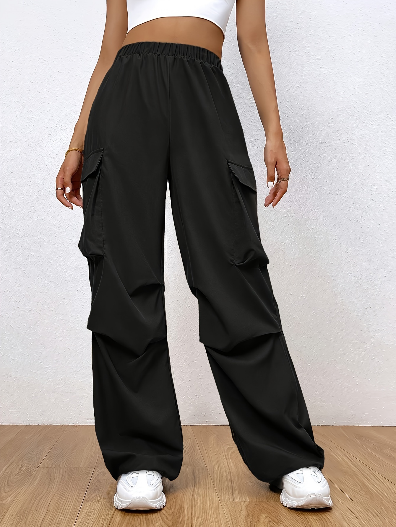 Solid Flap Pocket Loose Cargo Pants Casual Elastic Waist - Temu