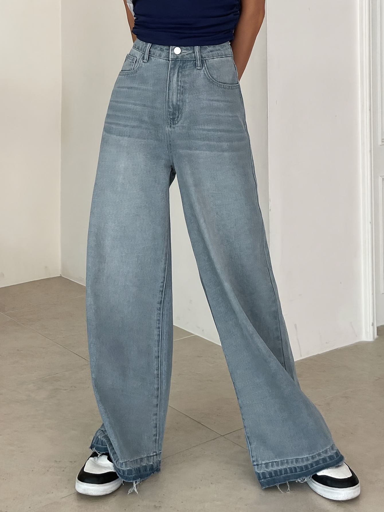 Blue Loose Fit Baggy Jeans Straight Legs Washed Wide Legs - Temu Germany