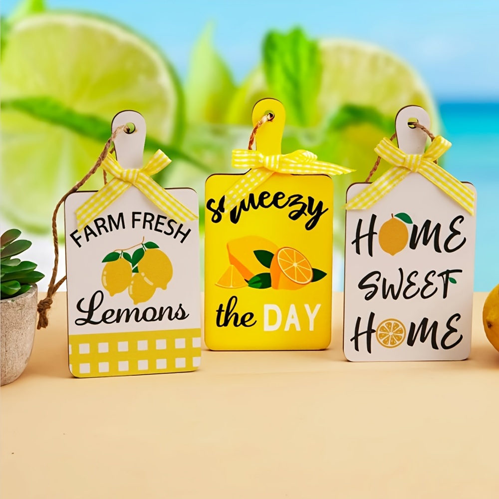 

3-piece Boho Wooden Decorative Tray Set With Lemon Graphics And Inspirational Slogans, Farmhouse Style Wood Serving Trays With Bow Accents For Home Decor
