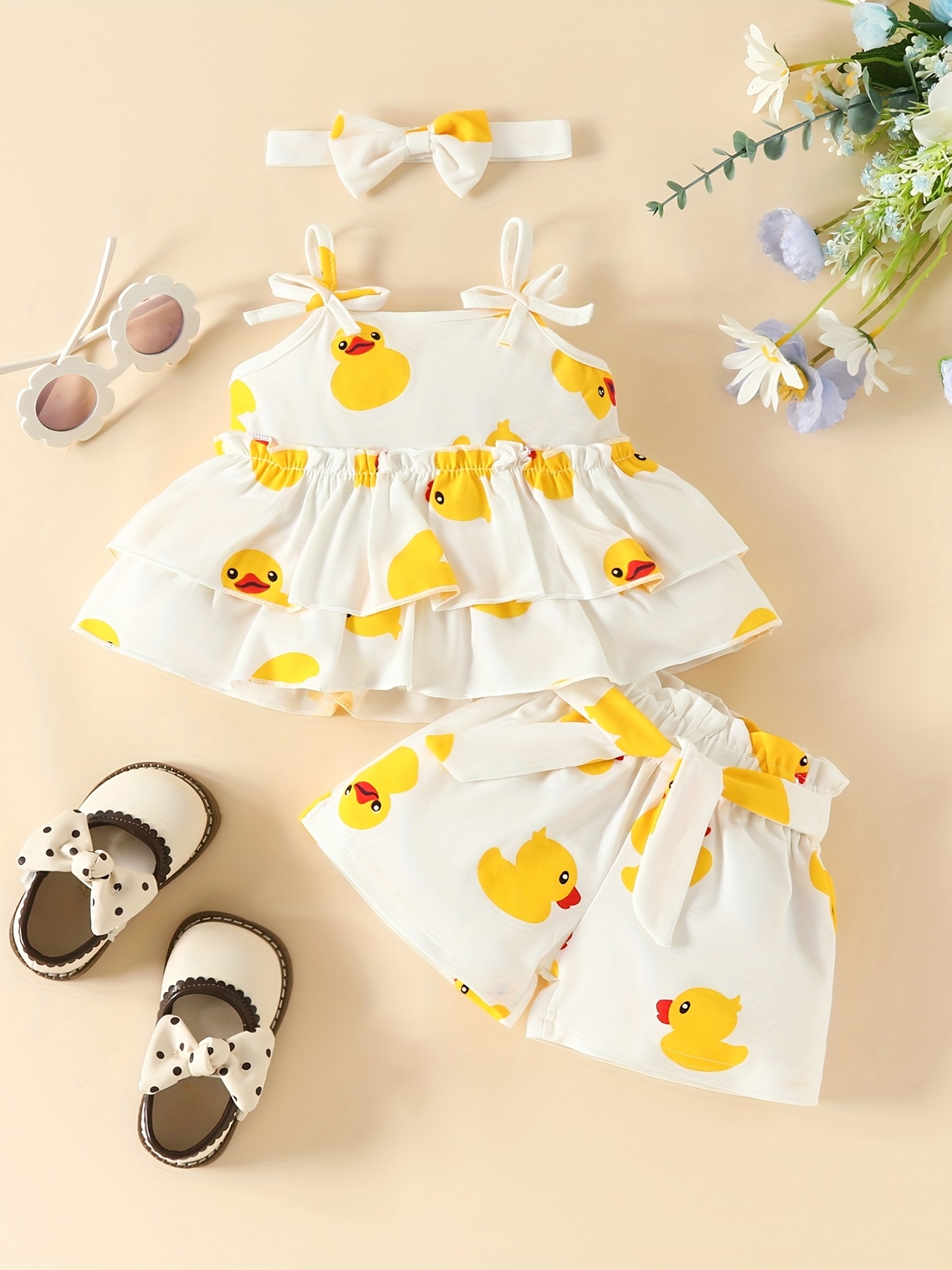 Baby Girls Cute Duck Pattern Camisole Top Shorts Headband - Temu