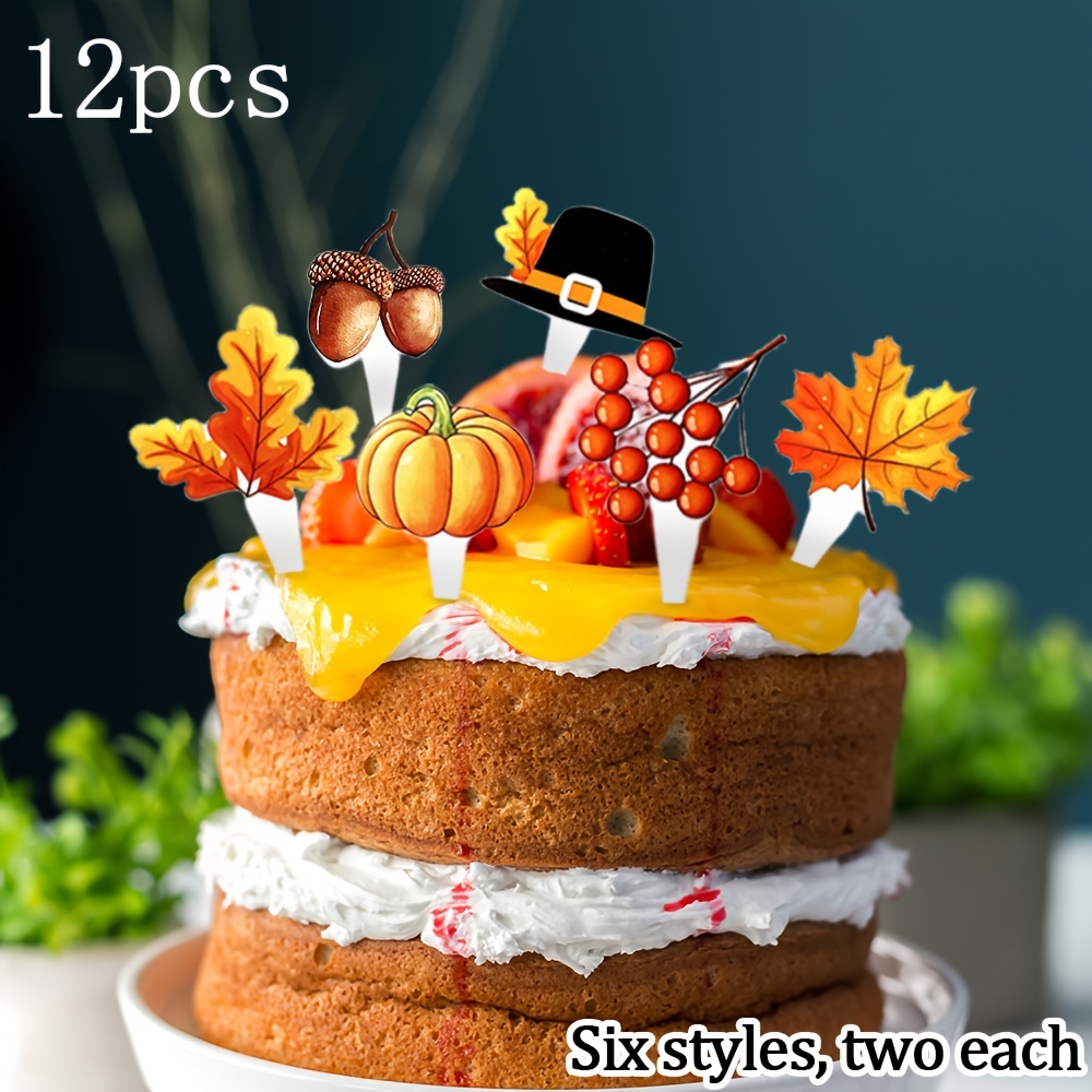 12pcs, Thanksgiving Birthday Cake Decoration Inserts Harvest Pumpkin Maple  Leaf Pine Cone Christmas Topper