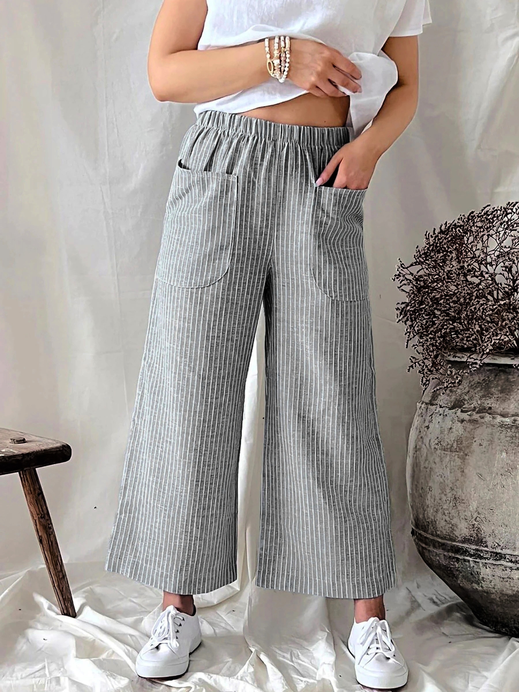 Womens's Casual Pants for Work Womens FFashion Cotton And Linen Pants  Elastic Waist Casual Pants Pocket Pants Tall Trousers