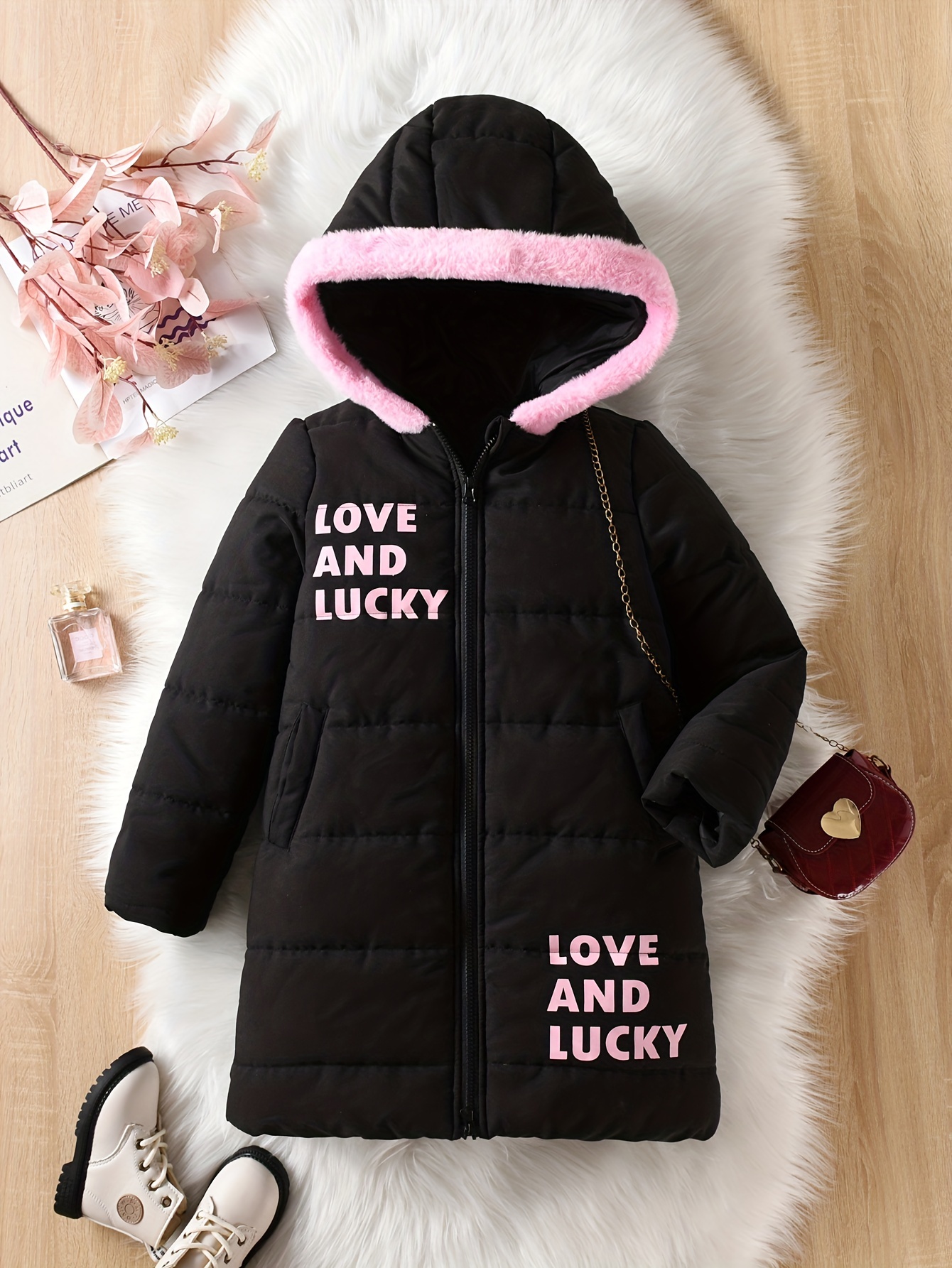 Girls Fleece Hooded Snow Suit Floral Graphic Winter Fall Clothes Warm  Jacket Kids Thick Windproof Hoodie Coat