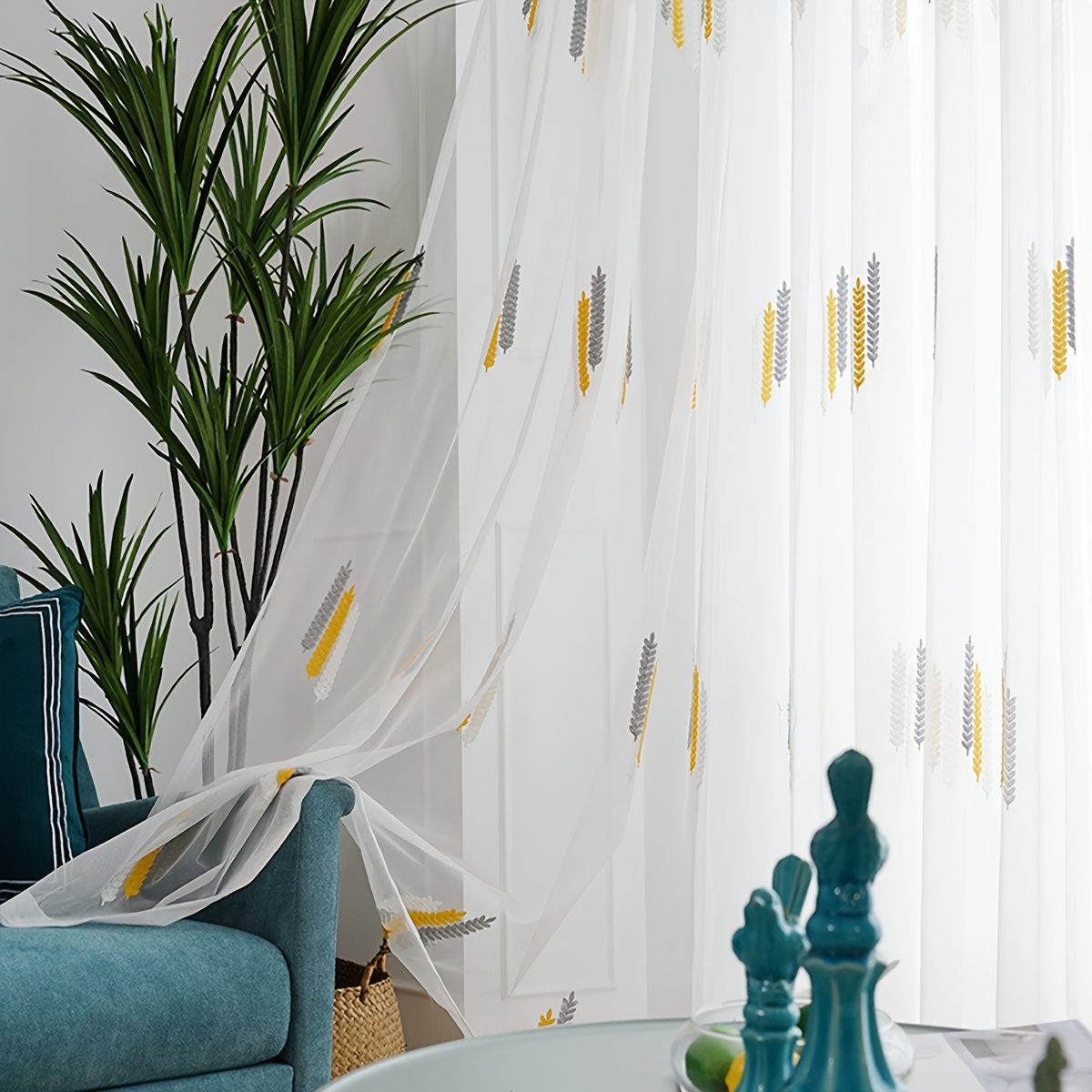 1pc Simple Embroidery Sheer Curtain, Pastoral Style Wheat Ear Embroidered  Window Curtain, Transparent Rod Pocket Gauze Curtain, Suitable For Living 