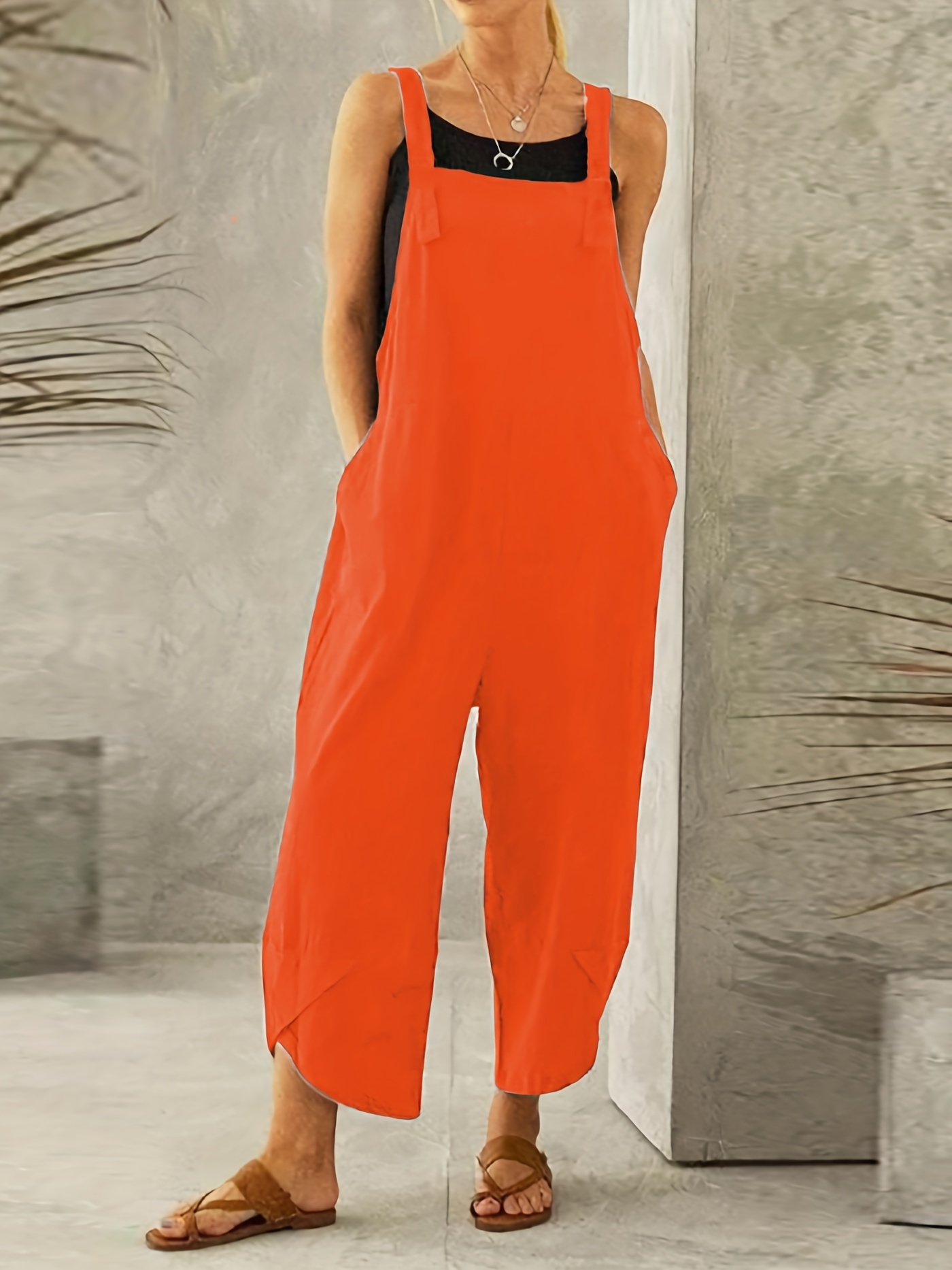 Solid Overall Jumpsuit Casual Sleeveless Wide Leg Jumpsuit - Temu