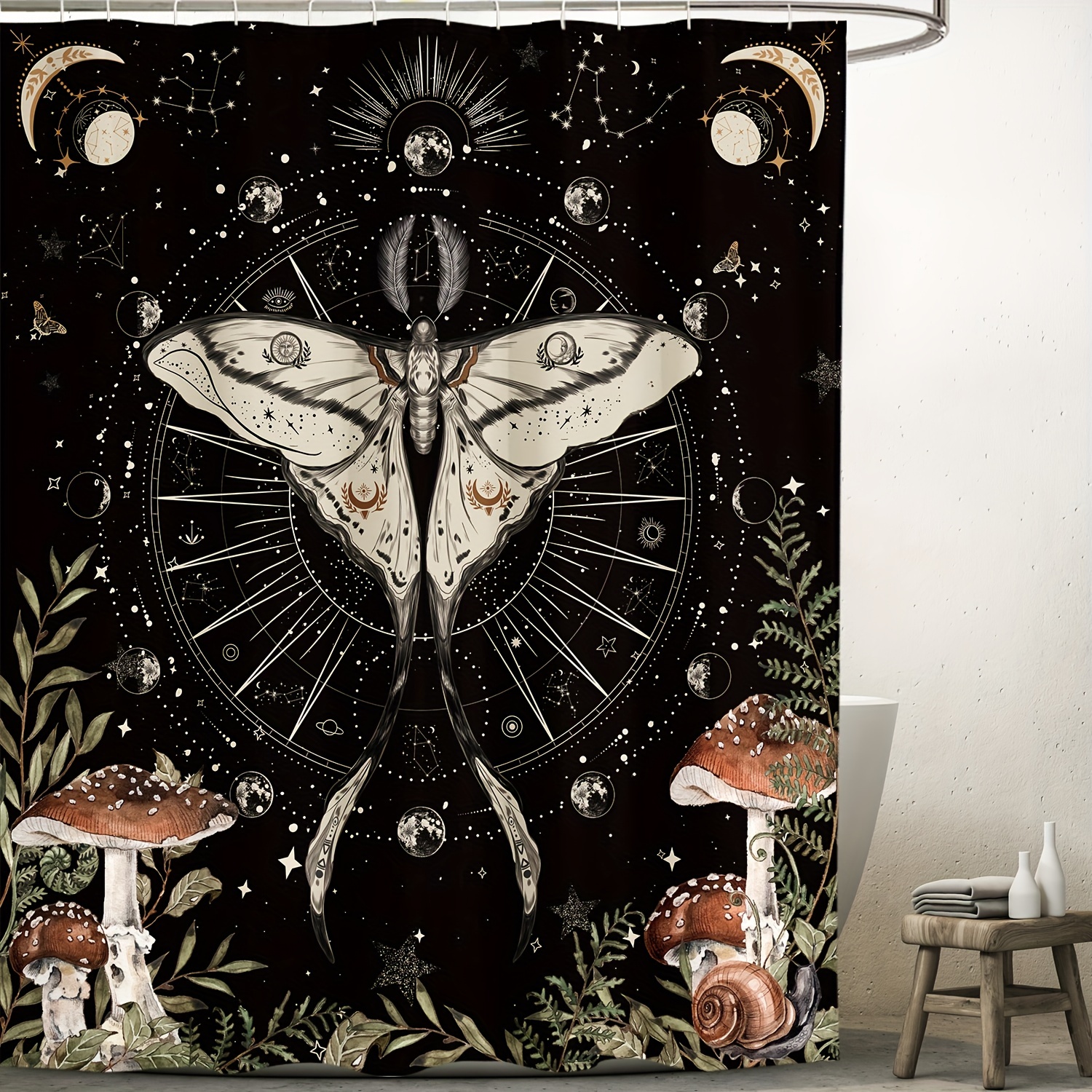 Butterfly Moon Pattern Shower Curtain with Hooks