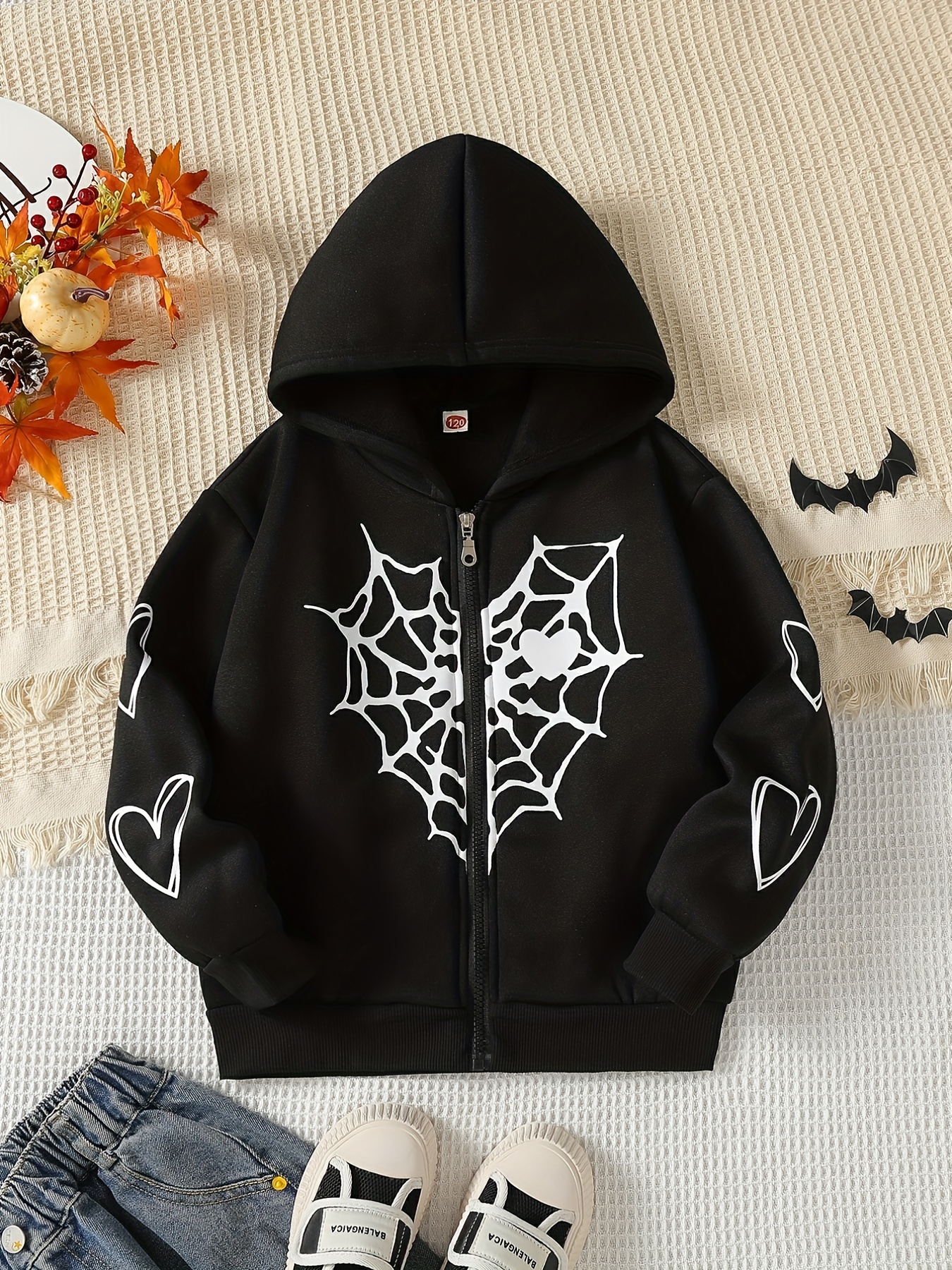 Teen Girls Spider Web Heart Print Long Sleeve Zip Hoodies Drop Shoulder Hooded  Sweatshirts - Temu