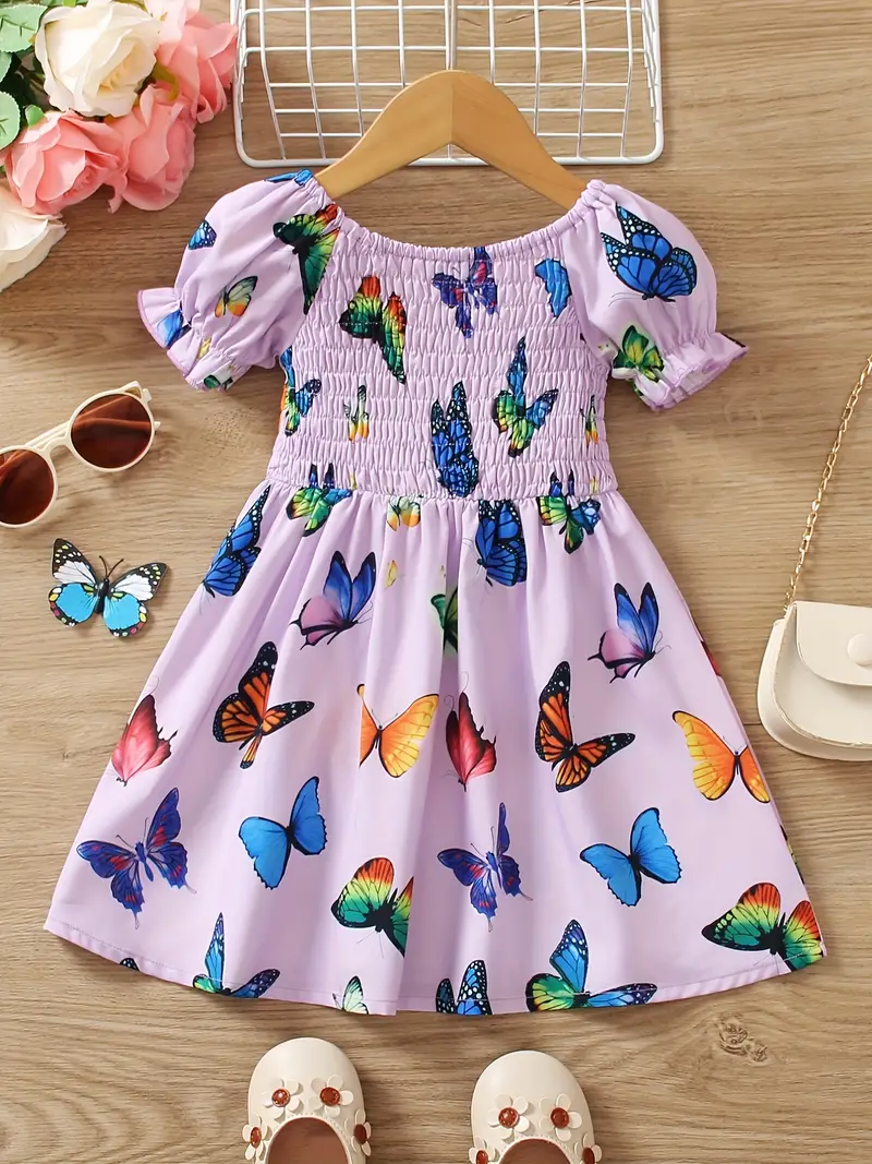 toddler girls puff sleeve frill trim shirred colorful butterfly graphic princess dress for party beach vacation cute romantic kids summer clothes details 5