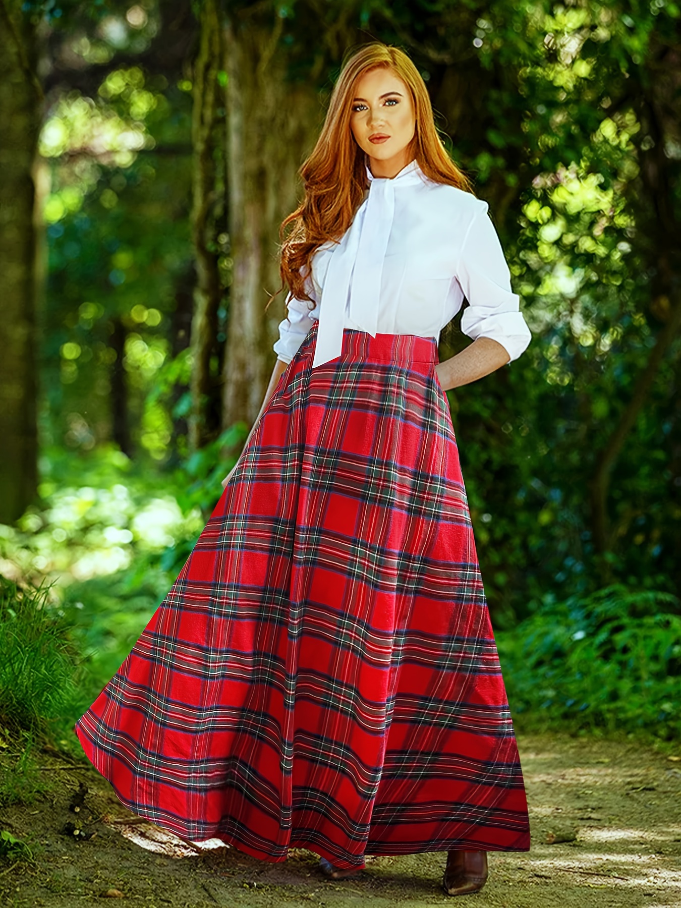 Plaid Print High Waist Flared Skirt Casual Big Swing Maxi - Temu Canada