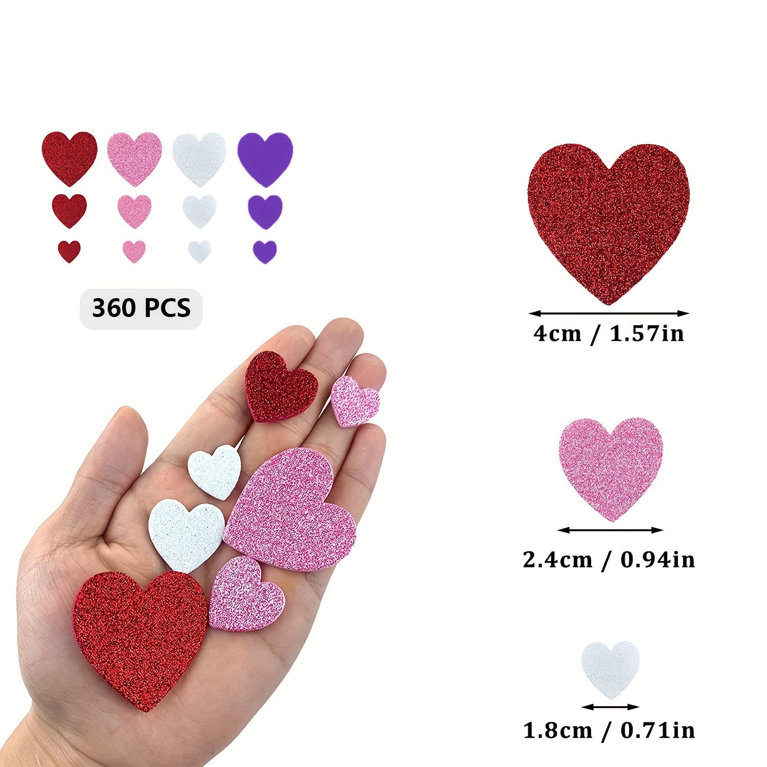 360pcs, Heart Stickers Self Adhesive Foam Hearts Shaped Decals in Glitter,  Valentine's Day Crafts Décor DIY Greeting Cards Mother's Day Cards, Birthda