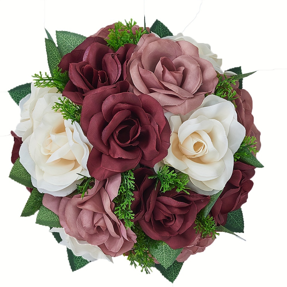

1pc Burgundy Dusty Rose Ivory Fake Flower Ball Arrangement Bouquet Silk Roses With Base, Suitable For Our Store's Wedding Centerpiece Flower Rack For Parties Valentine's Day Home Decor