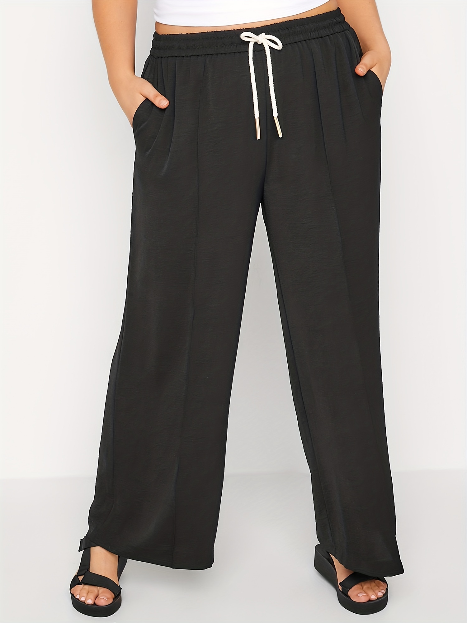 Plus Size Casual Pants Women's Plus Plain Drawstring Elastic - Temu United  Arab Emirates