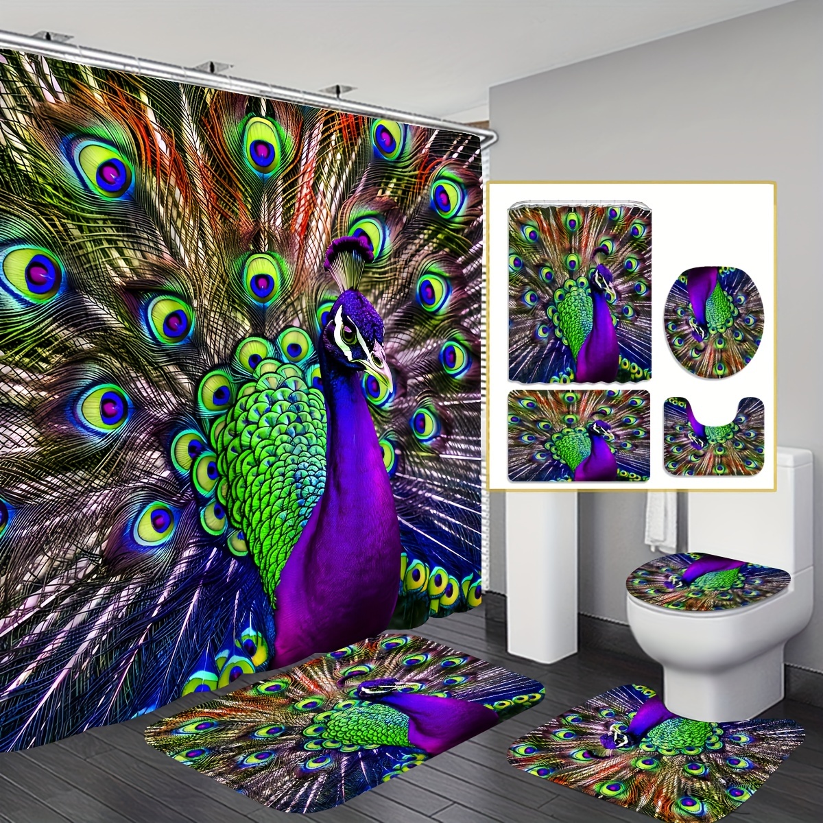 1pc/4pcs Peacock Showing Feathers Shower Curtain, Waterproof Shower Curtain  With 12 Hooks, Bathroom Rug, Toilet U-Shape Mat, Toilet Lid Cover Pad, Bat