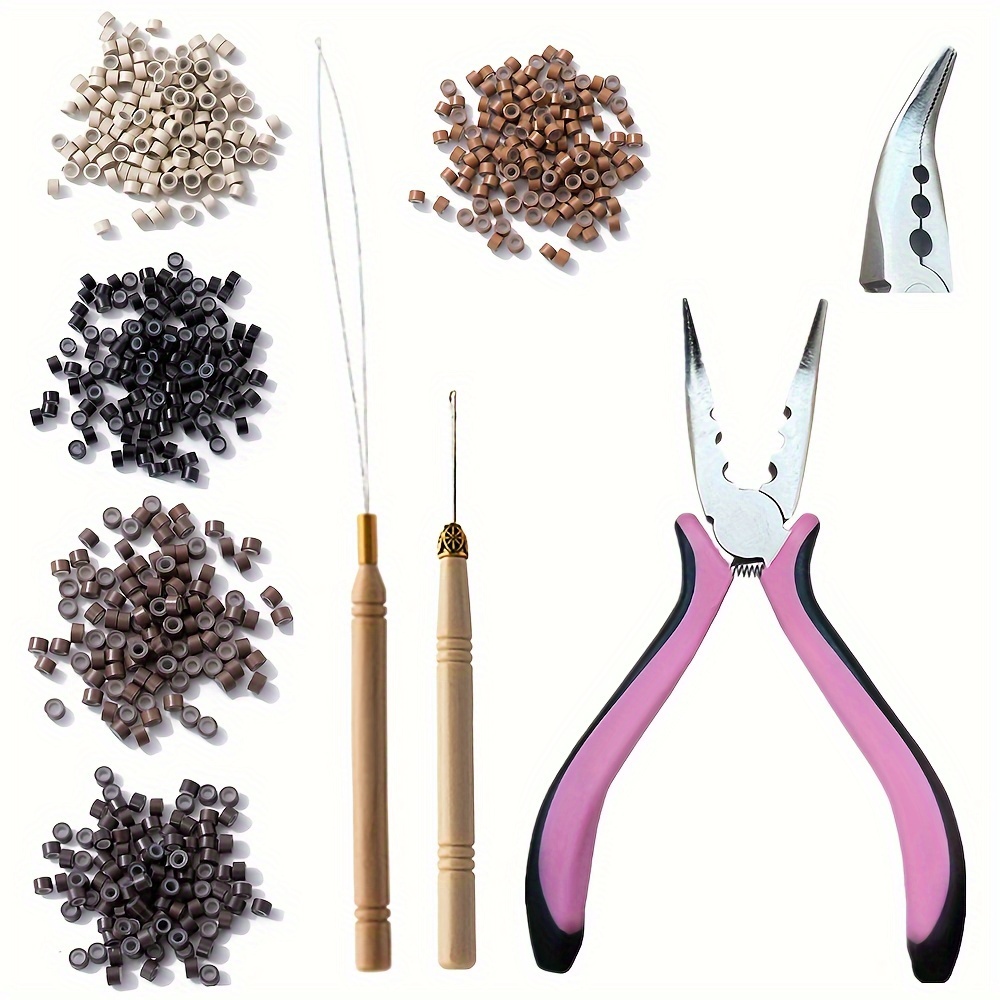 Beauty Headquarters Hair Extension Remove Pliers + Pulling Hook + Bead Device Tool Kits + 500pcs Micro Rings (Dark Brown Beads)