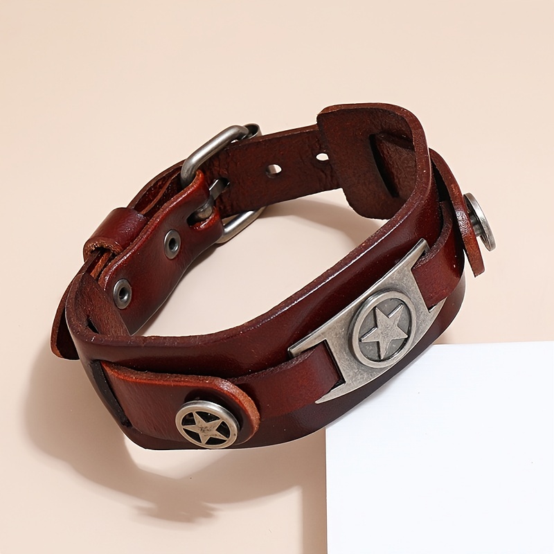 1pc pulsera de hombre de cuero   premium estilo punk rock con diseño de   estrellas de aleación de   - brazalete     para moda de tendencia, pulsera casual|joyería de declaració etalle de estrella   3