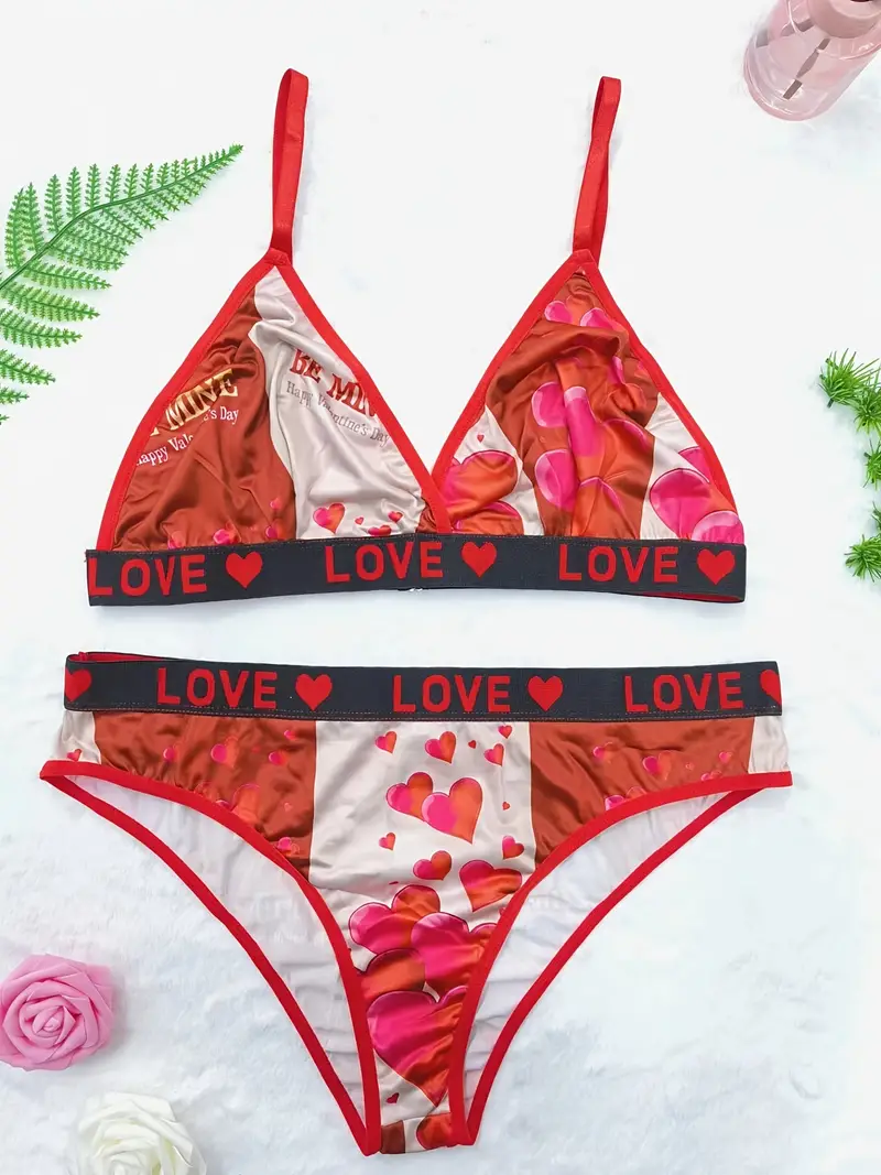 Plus Size Heart Print Bra Panties Lingerie Set Women's Plus - Temu