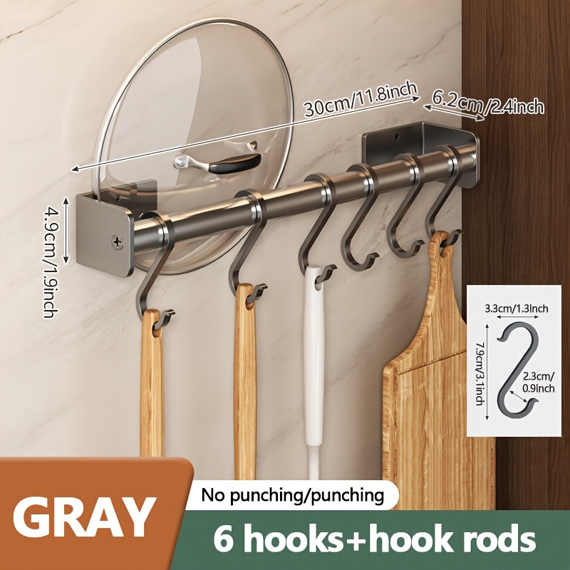 1pc Kitchen Storage Rack With Six Hooks, No Punching Space Aluminum Kitchen  Utensils, Pot Lid Spatula Spoon And Other Tableware Storage Rack, Kitchen