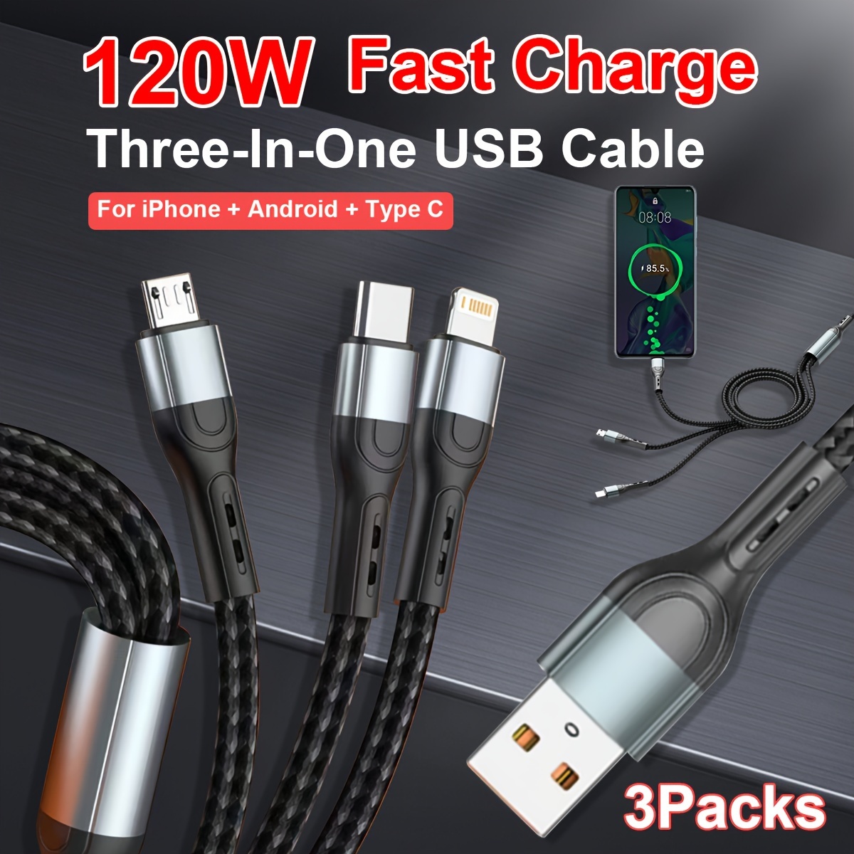2Pack Multi Charging Cable Multiple Charger Cord Nylon Braided Short 1FT 4  in 1 USB Charge Cord with Phone/Type C/Micro USB Connector for Phone/Galaxy