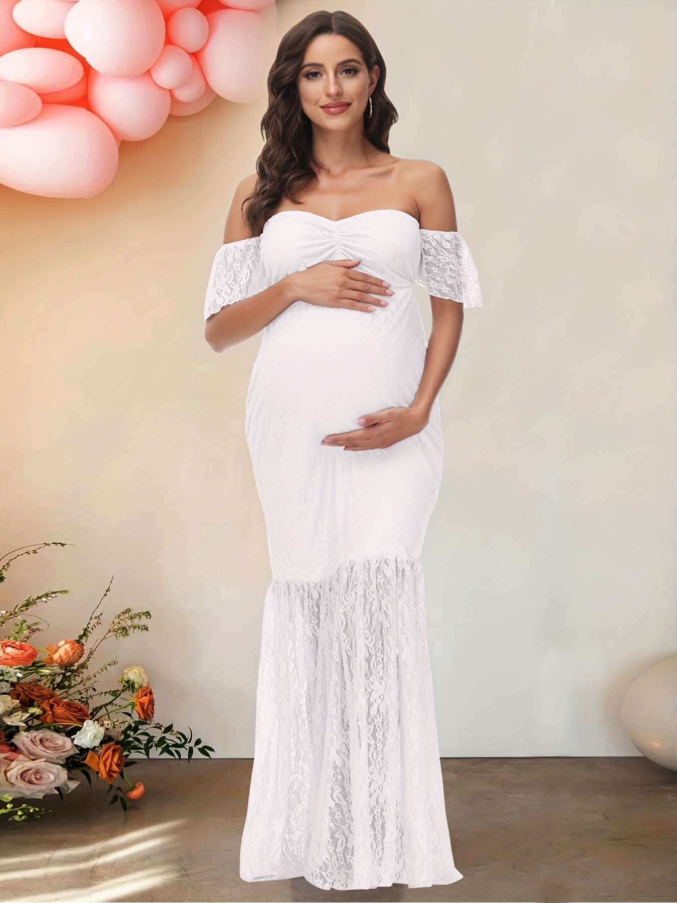Elegant Off Shoulder Lace Trim Flutter Sleeve Mermaid Dress! Sexy Shirred  Chest Bod-ycon Maternity Dress, Perfect For Party Wedding, Coquette Style