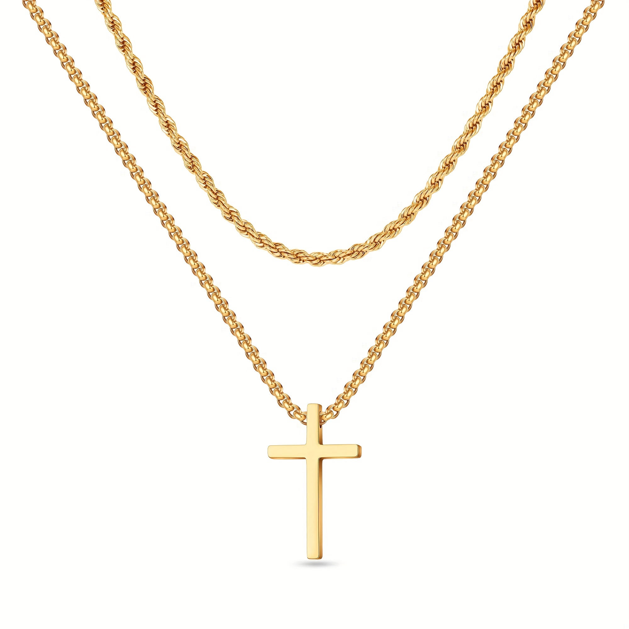 1pc Fashionable Stainless Steel Double Layer Chain Cross Pendant Necklace