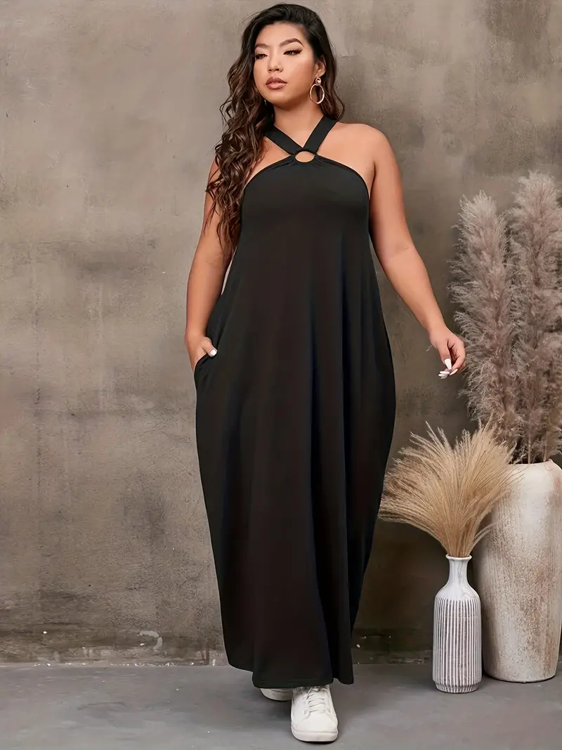 Plus Size Casual Dress Women's Plus Solid Ring link Halter - Temu