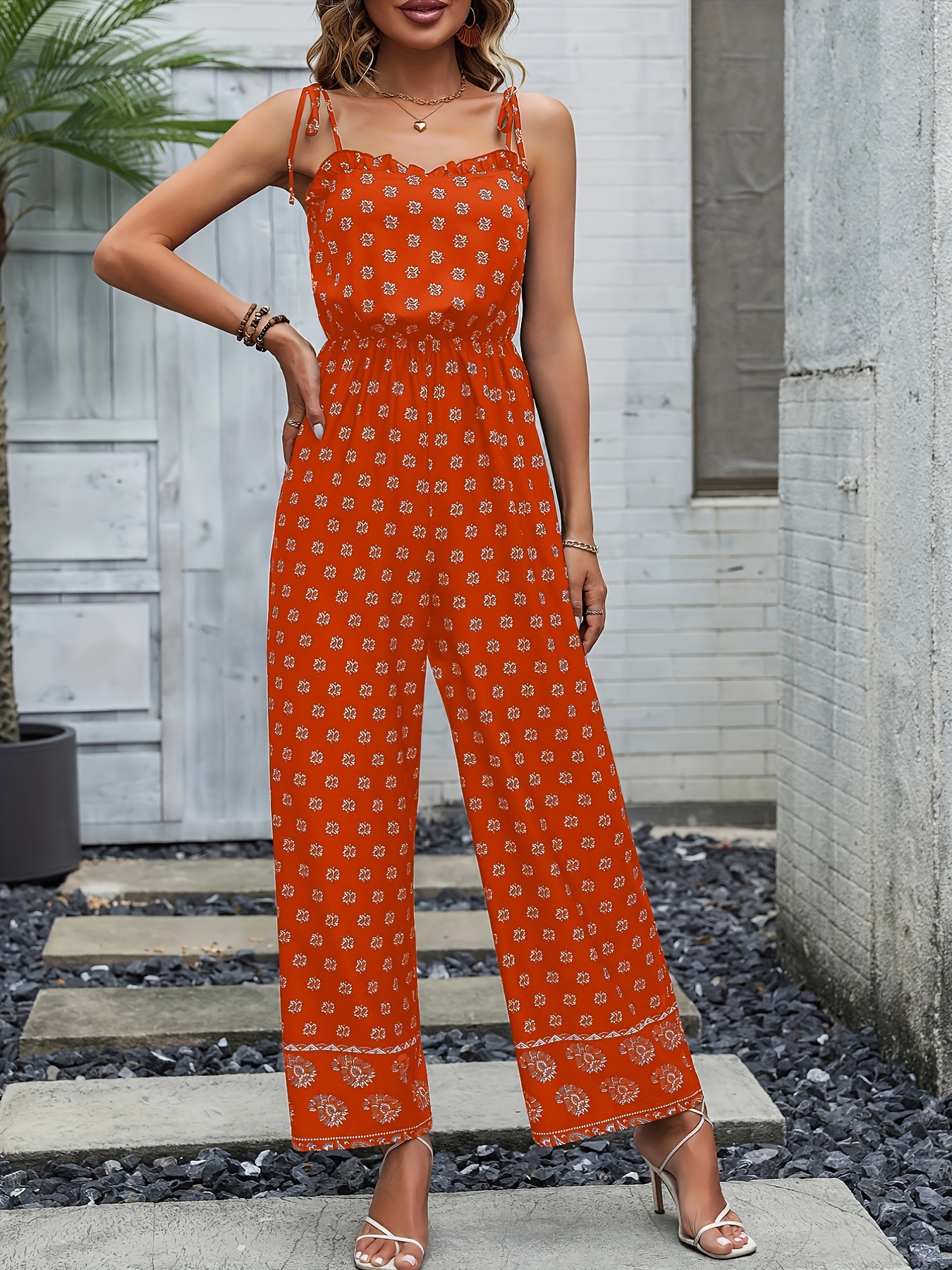 Floral Print Lace Up Wide Leg Jumpsuit