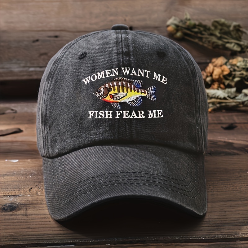 Women Want Me Fish Fear Me Baseball Black Print Washed Sun Hat Cotton unisex Dad Hats,Temu