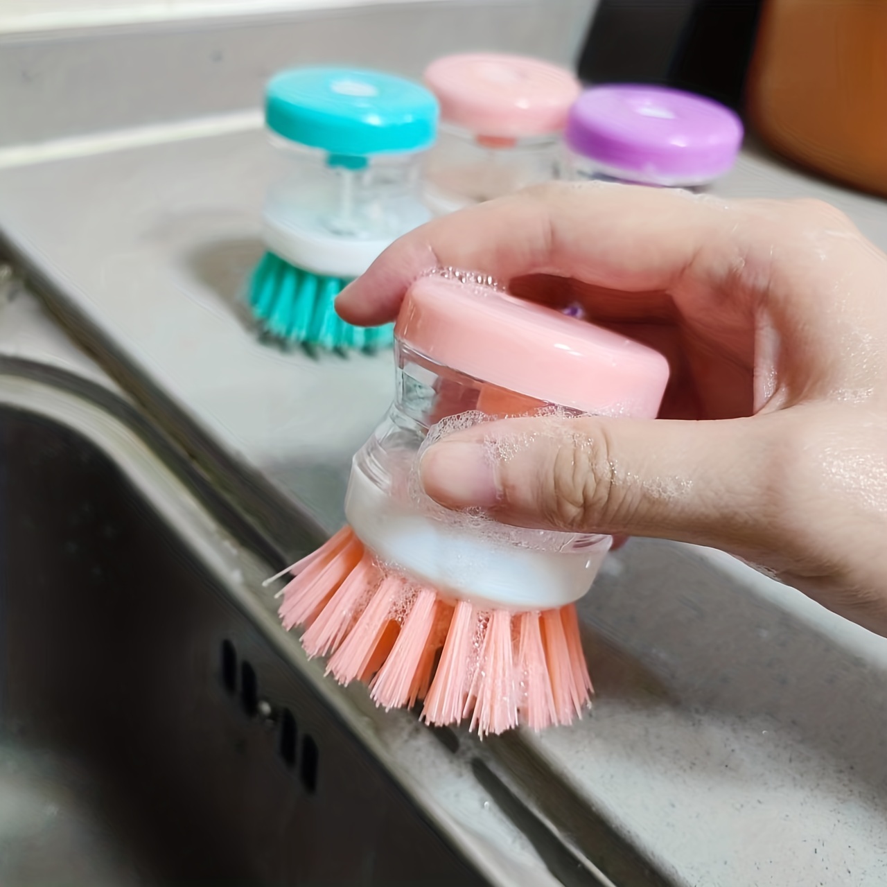 1pc, Liquid-adding Pot Washing Brush, Press-type Automatic Liquid