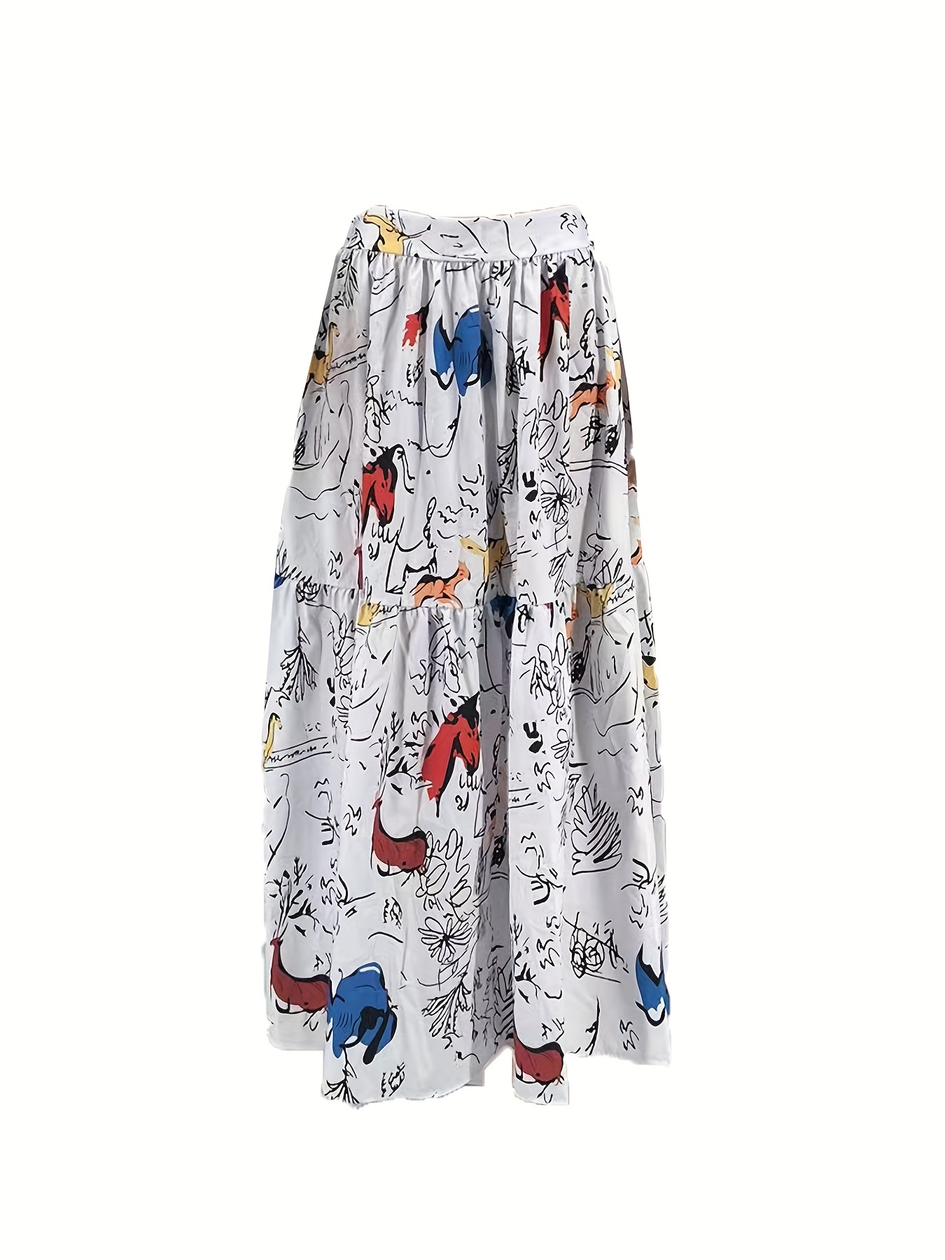 Graffiti Print High Waist Skrits, Casual Ruched Maxi Summer Skirts, Women's Clothing