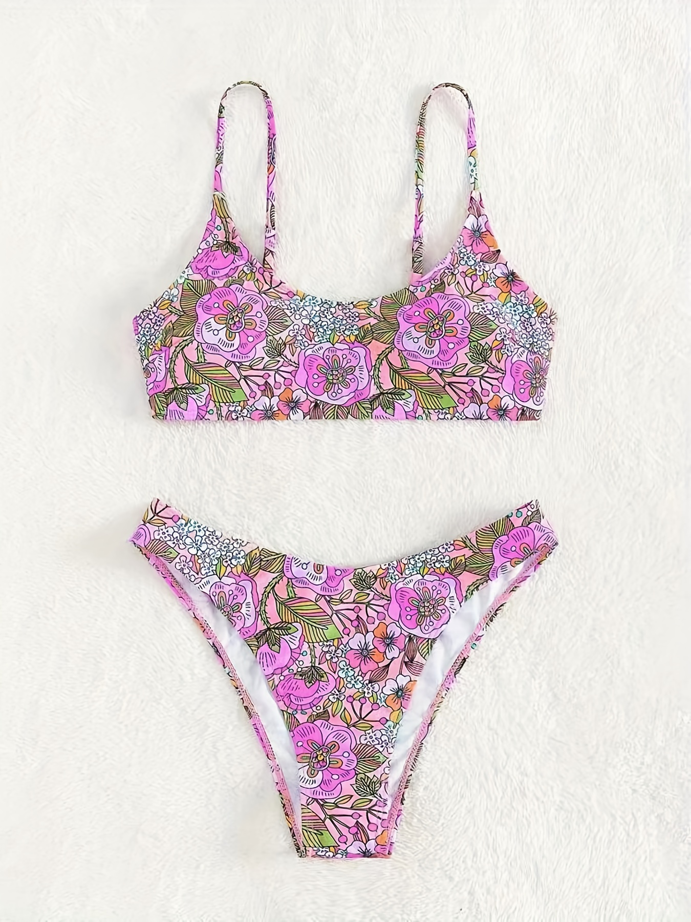 Floral Print Scoop Neck Spaghetti Strap Bikini High Cut - Temu Canada