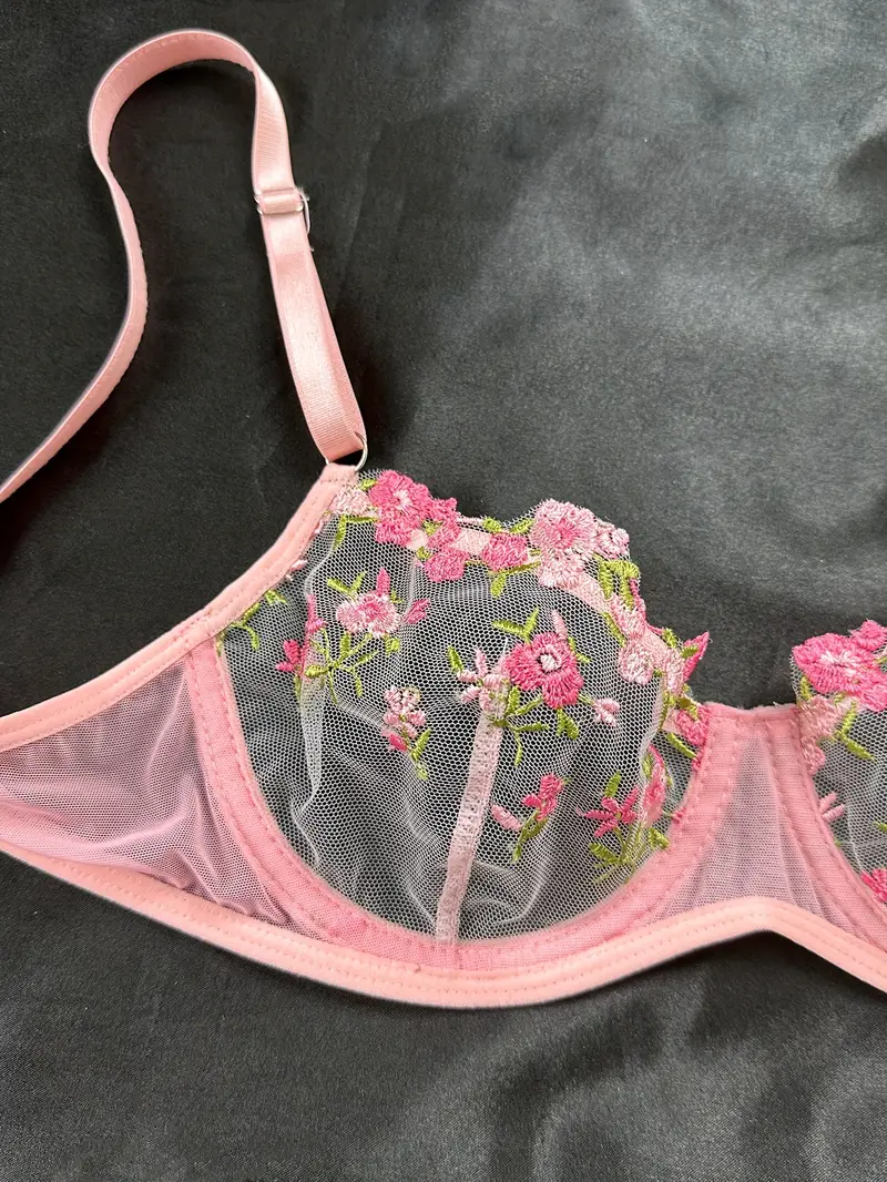 floral embroidery lingerie set sheer unlined bra mesh thong womens sexy lingerie underwear details 13