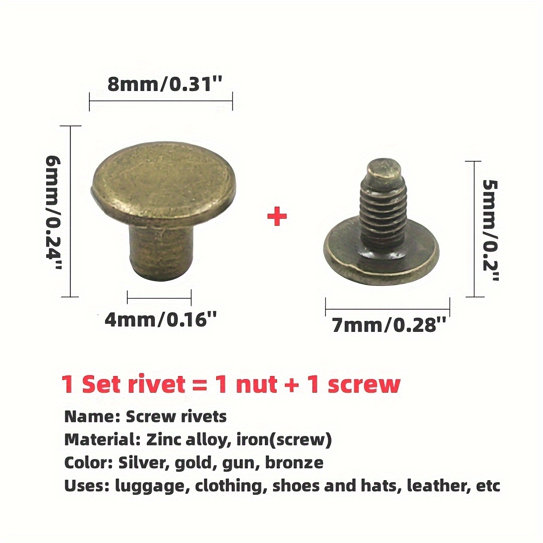8*6mm Solid Brass Rivet Chicago Screw for Leather Craft Belt Wallet /  Cambered Head (RB8X6)