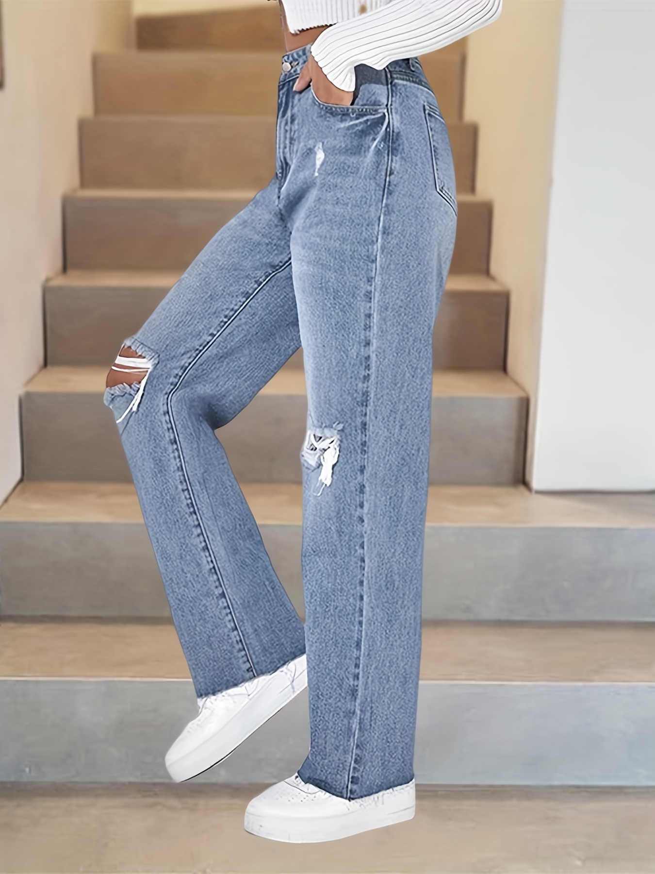 SHEIN Ripped Raw Cut Baggy Jeans
