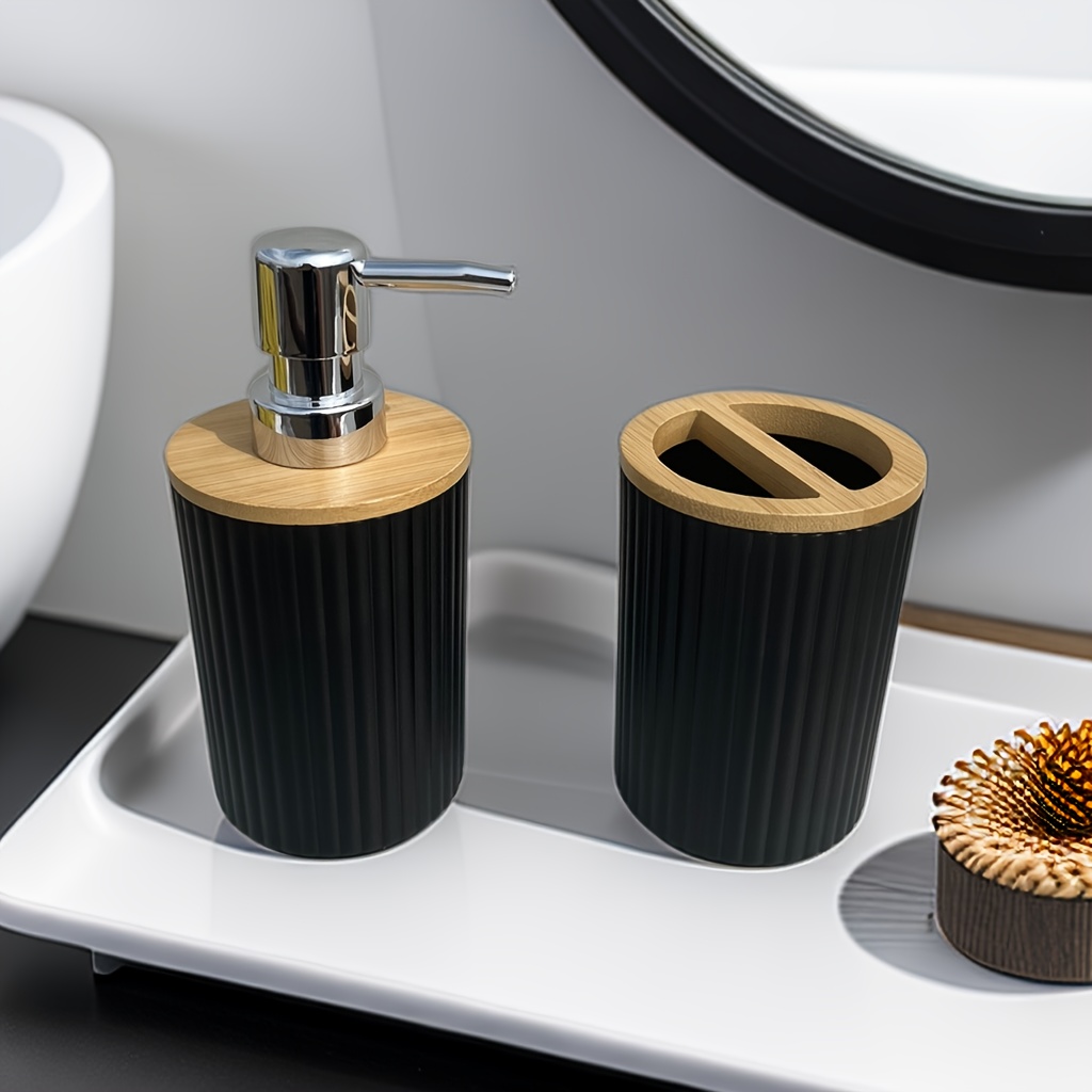 4pz Set Accessori Bagno, Include Dispenser Lozione Sapone, Portasapone,  Bicchiere Denti E Portaspazzolino, Nero/bianco Copertura In Bambù -  Bellezza E Salute - Temu Italy